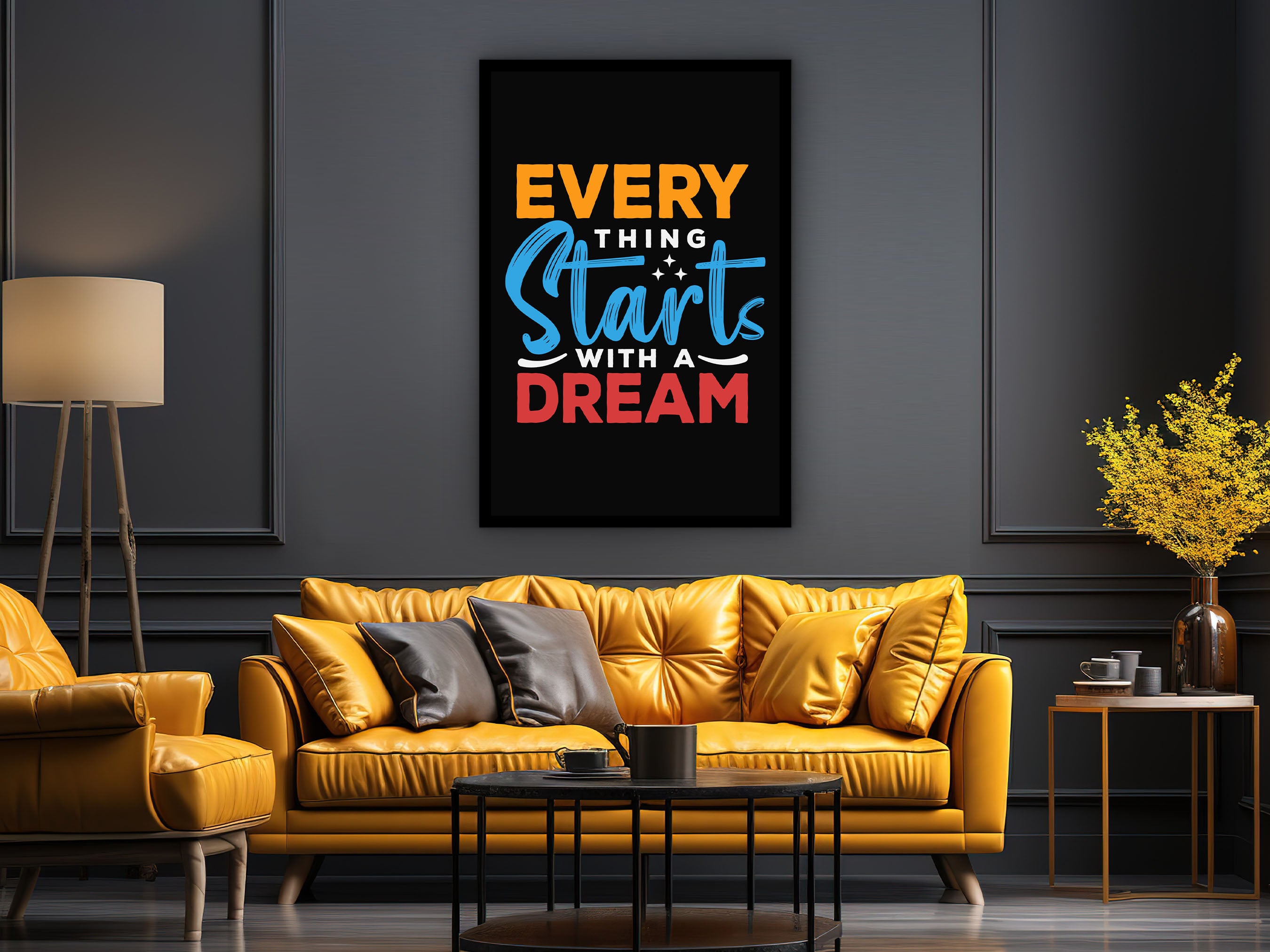 Every Thing Starts With A Dream Wall Art Canvas, Modern Home Office Prints, Daily Inspiration Wall Art, Ready to Hang, Unique Gift for Him