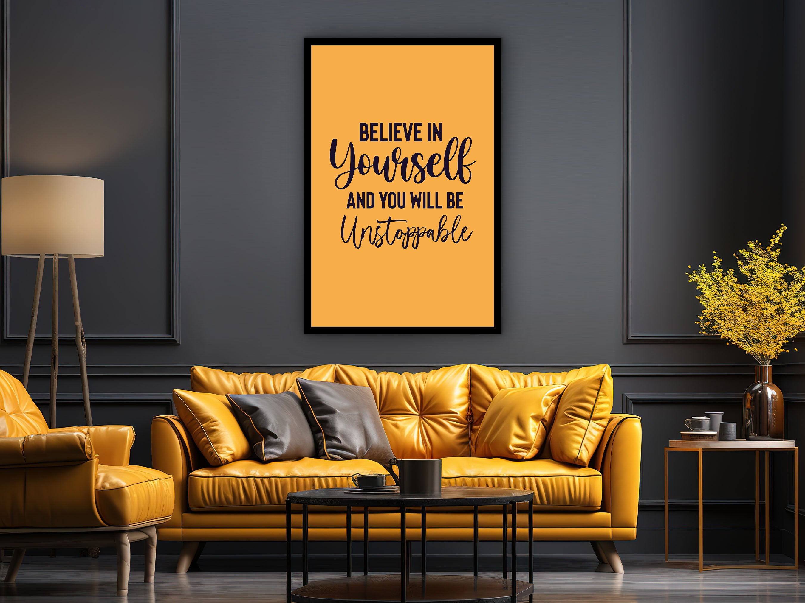 Motivational Wall Art, Believe in Yourself and You Will Be Unstoppable Canvas, Home and Office Decor, Perfect Gift, Printed on Black Frame