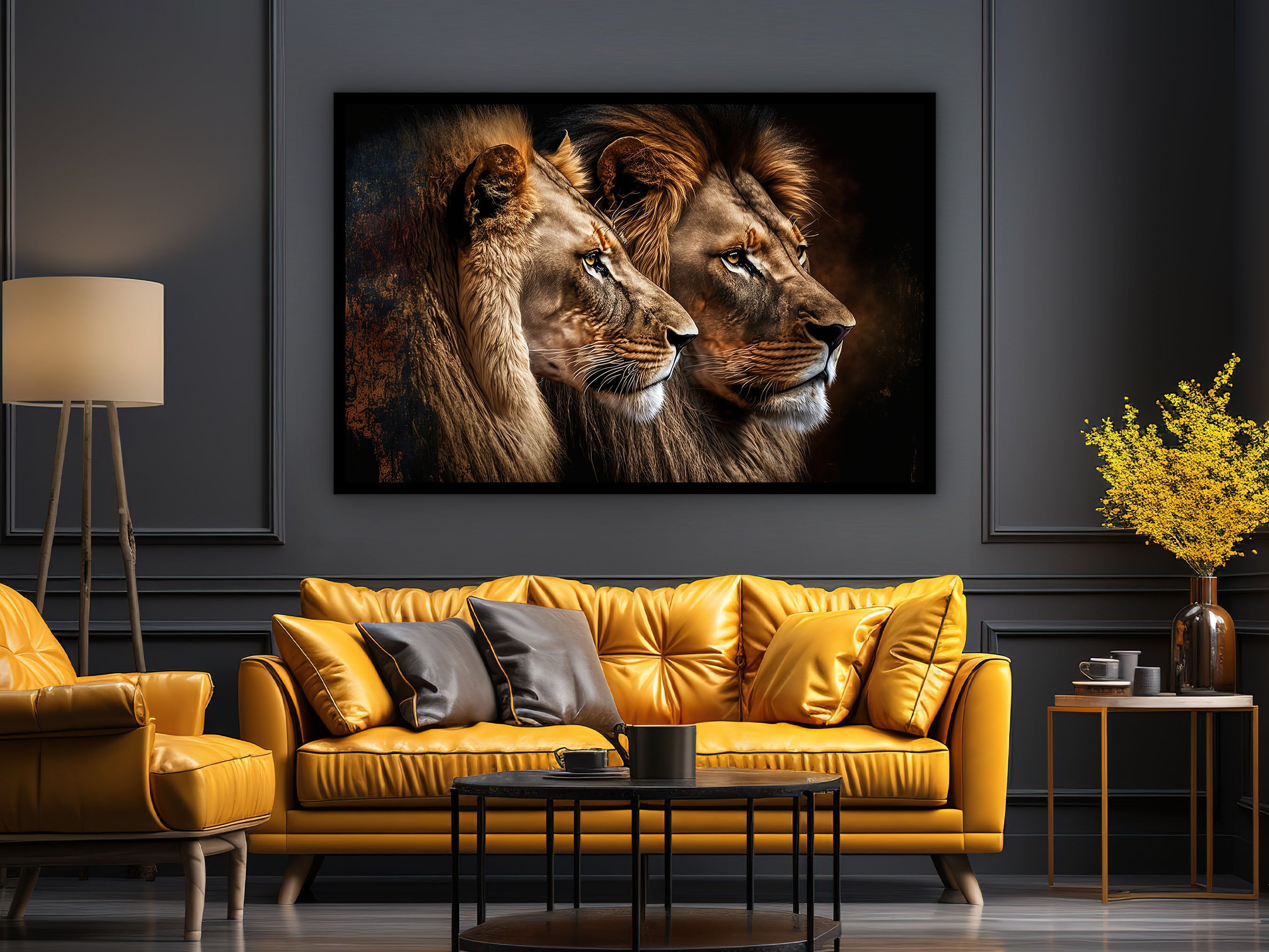 Lion Canvas Wall Art, Animal Modern Design Art, Home Decor, Lion Couple Canvas Print, Framed Lion Art, Perfect Gift, Printed on Black Frame