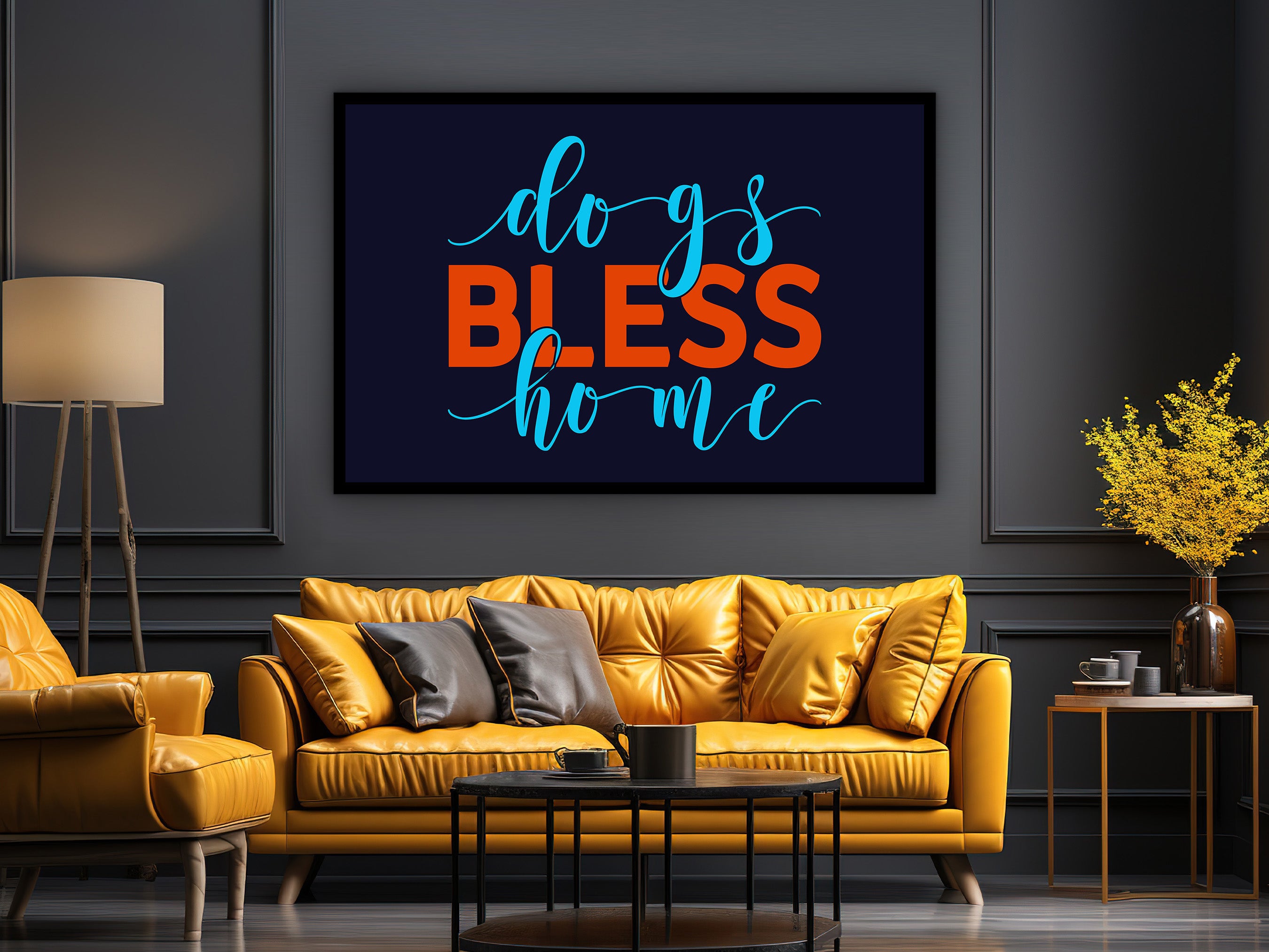 Dogs Bless Home Print Canvas, Minimalist Dog Wall Art, Trendy Dog Wall Art, Dog Lover Home Decor Gift, Ready to Hang, Printed on Black Frame