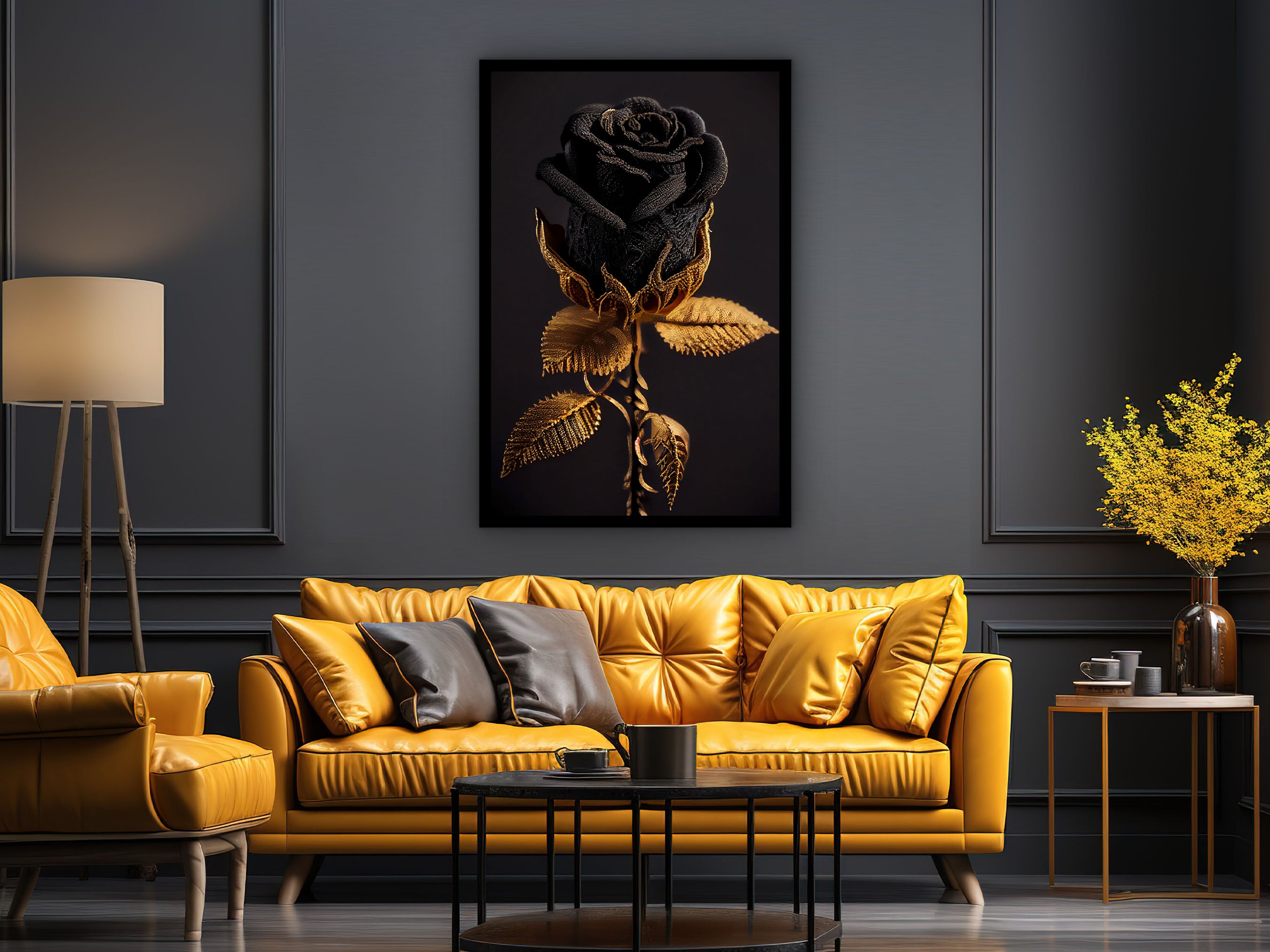 Black Gold Rose Wall Art Canvas, Modern Design Home Decor, Farmed Canvas Poster Print, Ready to Hang, Gift for Her, Printed on Black Frame