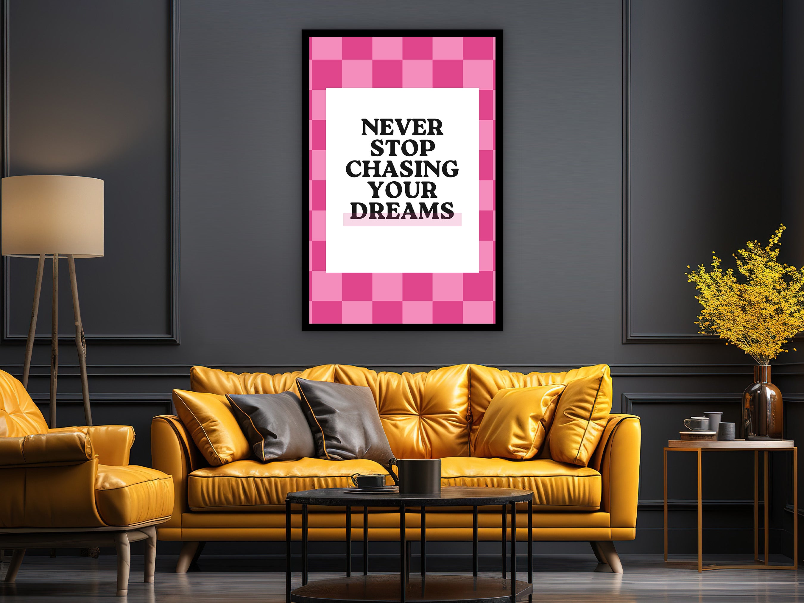 Motivational Poster Gift, Never Stop Chasing Your Dreams Wall Art Canvas, Home & Office Quotes Print, Ready to Hang, Printed on Black Frame