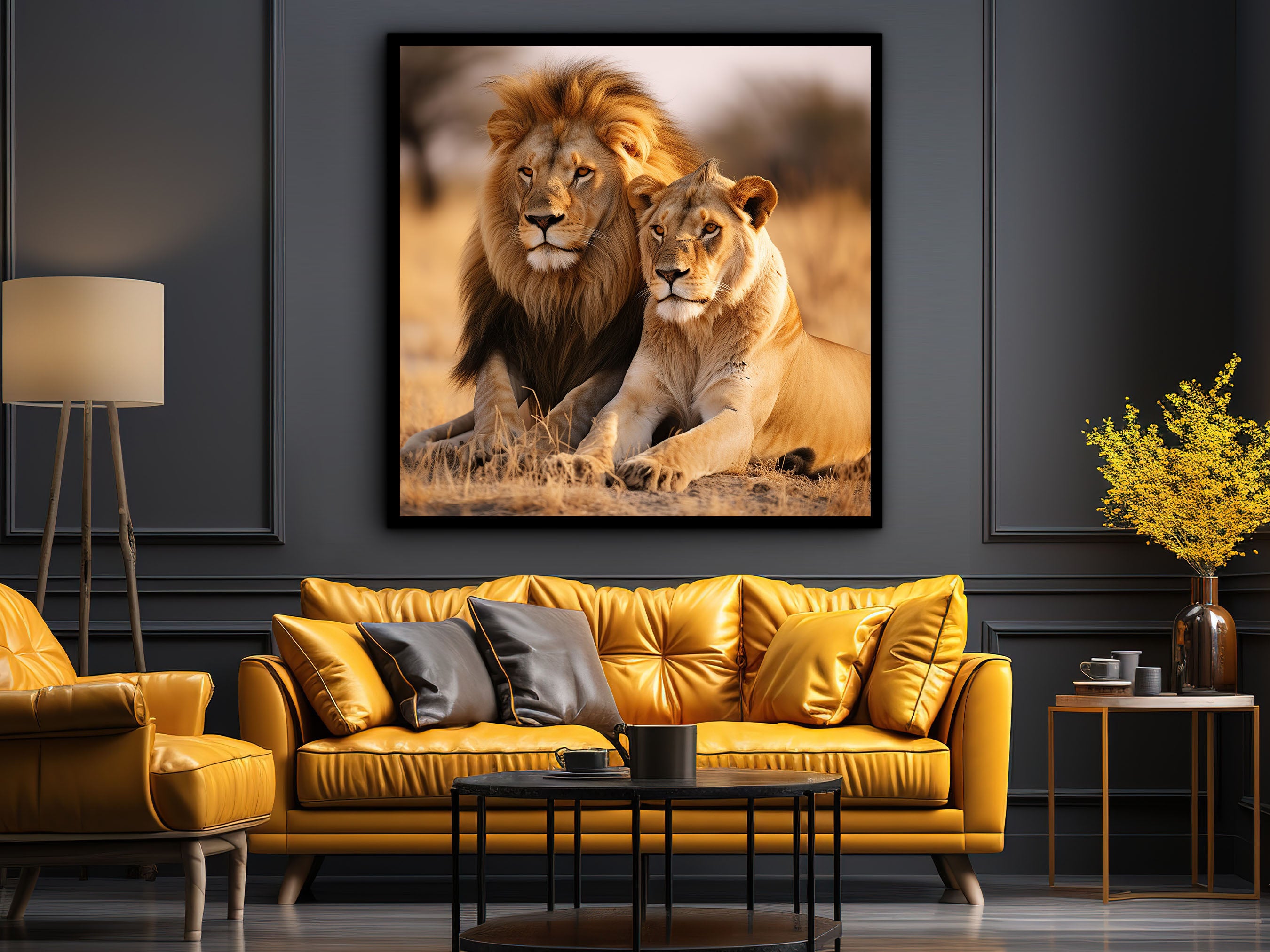 Lion Canvas Wall Art, Animal Modern Design Art, Home Decor, Lion Couple Canvas Print, Ready to Hang, Perfect Gift, Printed on Black Frame