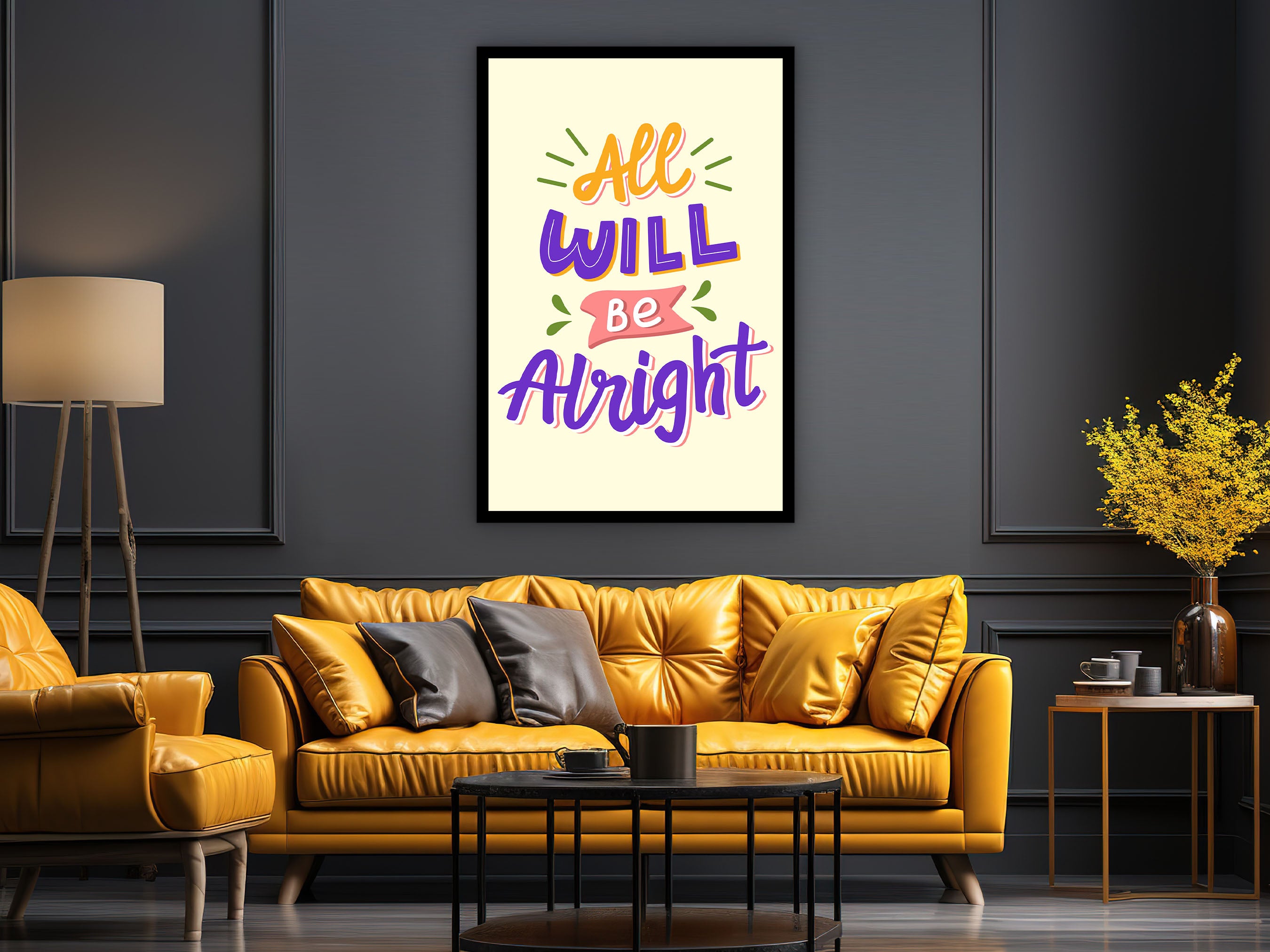 Motivational Wall Art, All Will Be Alright Canvas, Modern Design Home & Office Decor, Ready to Hang, Gift for Her, Printed on Black Frame