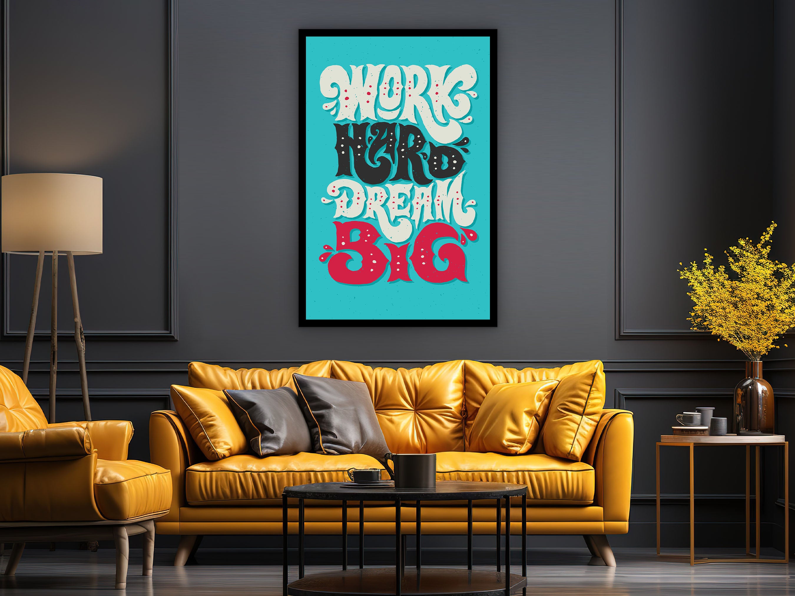 Motivational Wall Art, Work Hard Dream Big Canvas, Modern Quotes Print Home & Office Wall Decor, Wall Hanging Gift, Printed on Black Frame