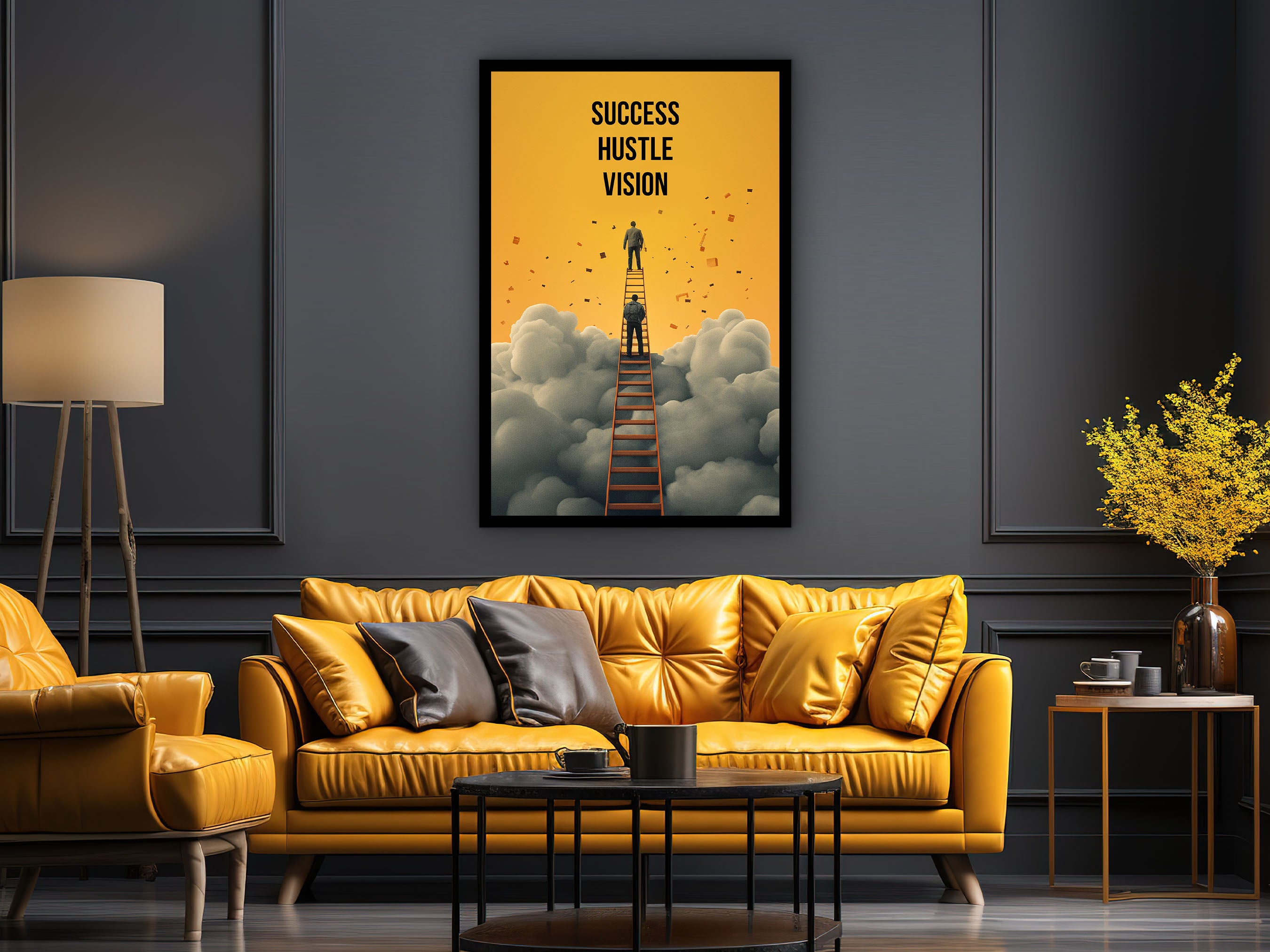 Success Hustle Vision Wall Art, Modern Home Office Prints, Uplifting Quote Decor, Ready to Hang, Motivational Canvas, Printed on Black Frame