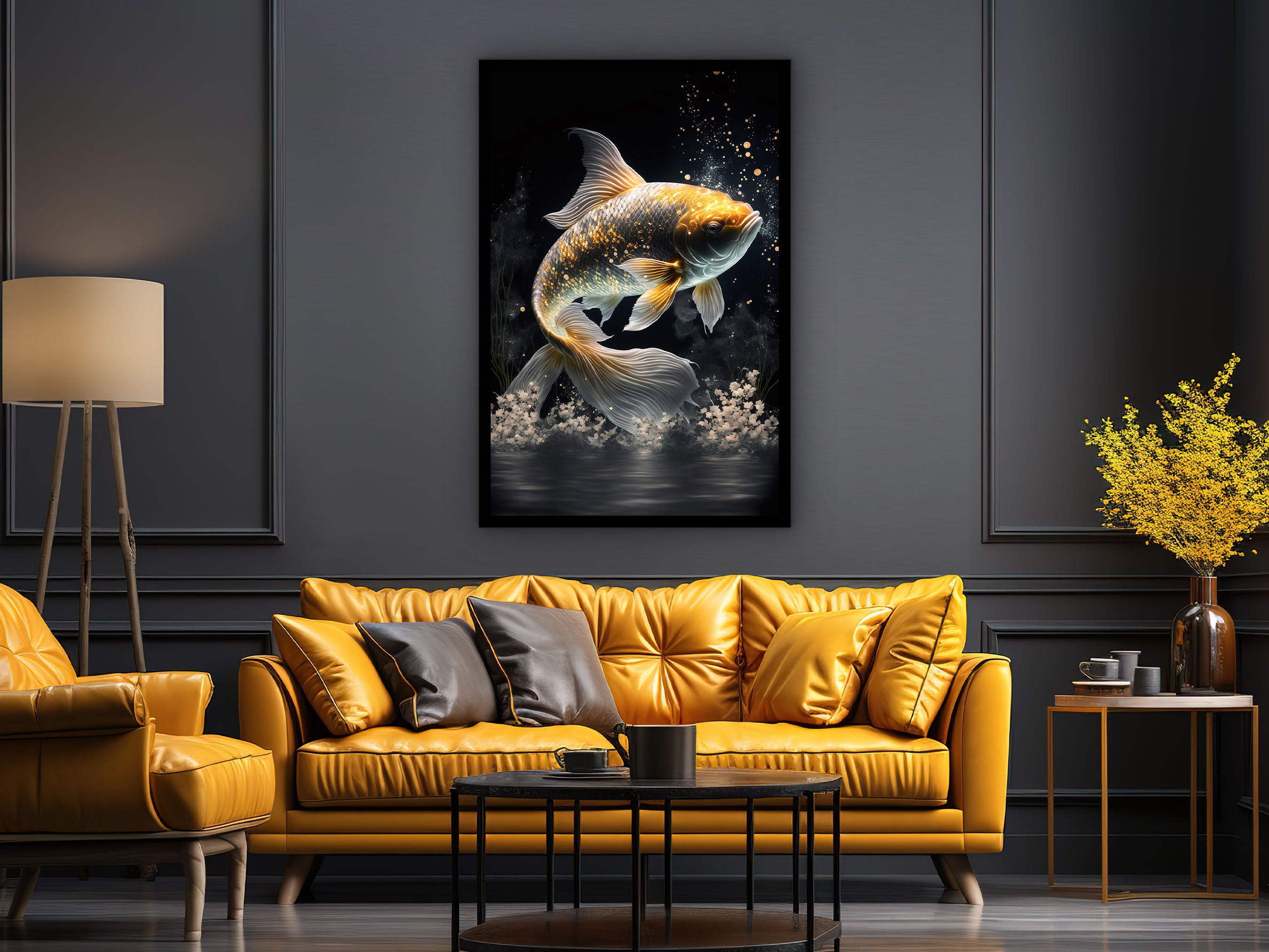 Fish Wall Art, Colorful Fish Painting Wall Art, Motivational Poster Canvas, Modern Design Home Decor, Ready to Hang, Printed on Black Frame