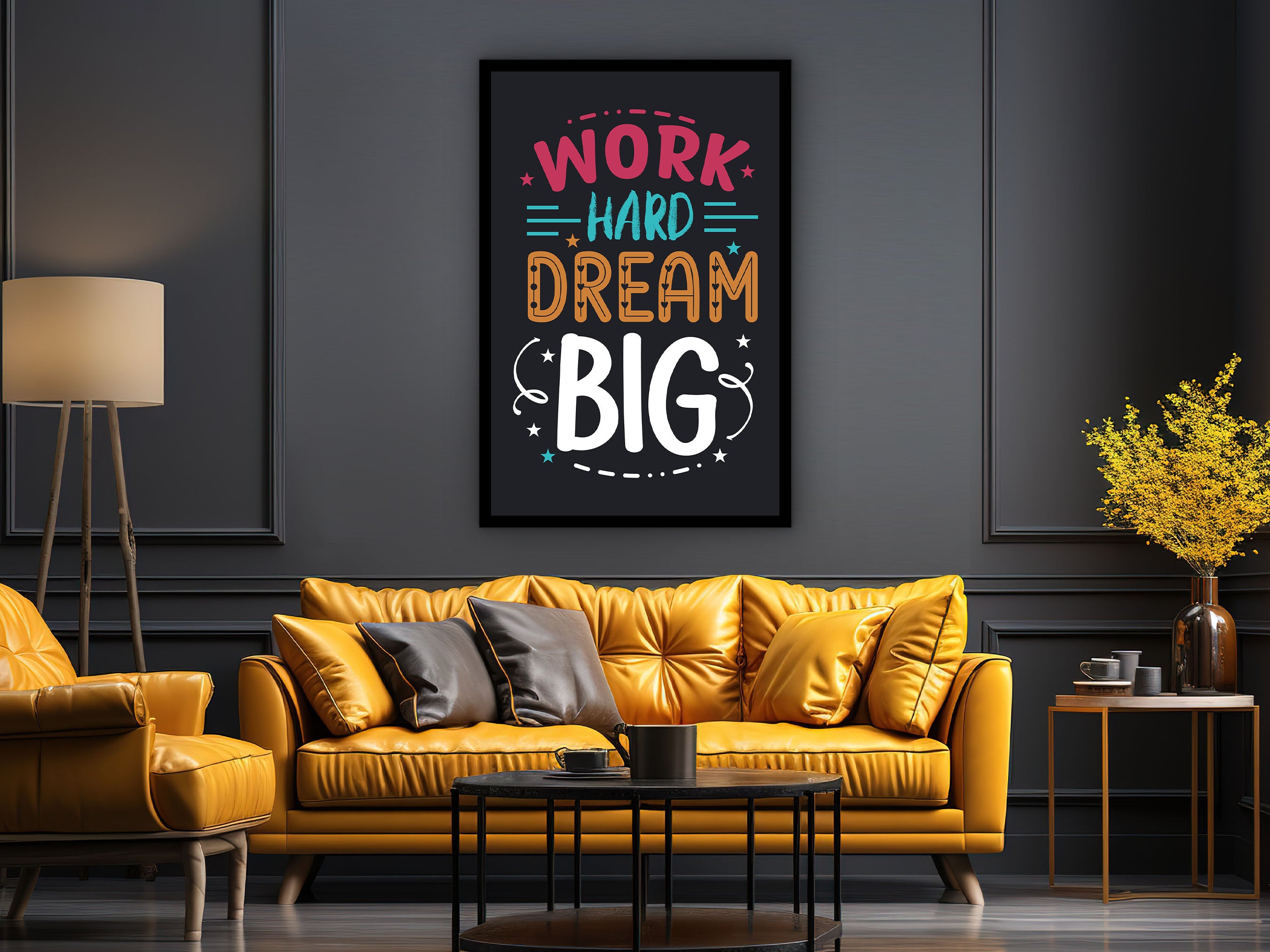 Motivational Wall Art, Work Hard Dream Big Canvas, Success Poster, Home & Office Decor, Ready to Hang, Perfect Gift, Printed on Black Frame