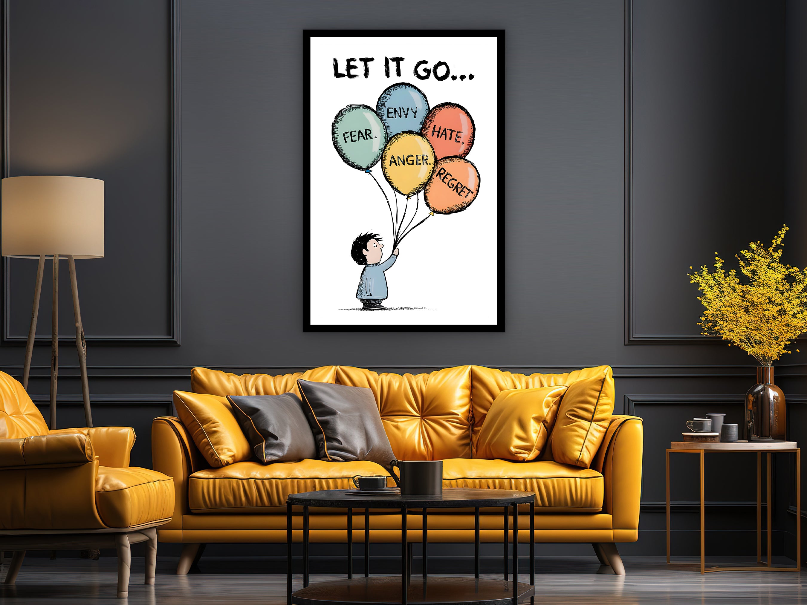 Let It Go Wall Art, Motivational Wall Art, Modern Home & Office Decor, Ready to Hang, Balloon Art Print, Printed on Black Frame, Gift Idea