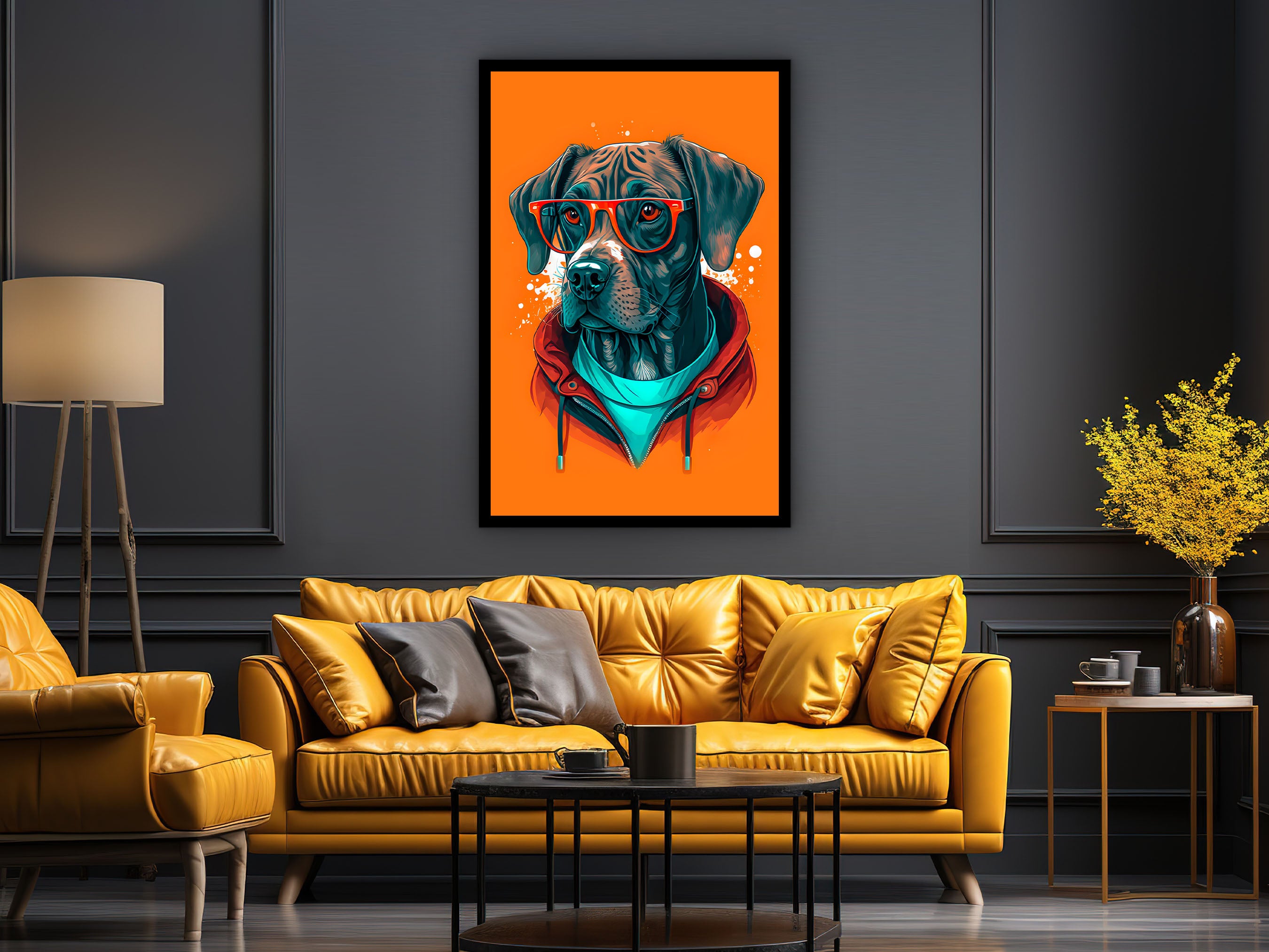 Dog Wall Art, Colorful Print Painting Canvas, Living Room Decor, Animal Wall Art Canvas, Perfect Gift for Dog Lover, Printed on Black Frame