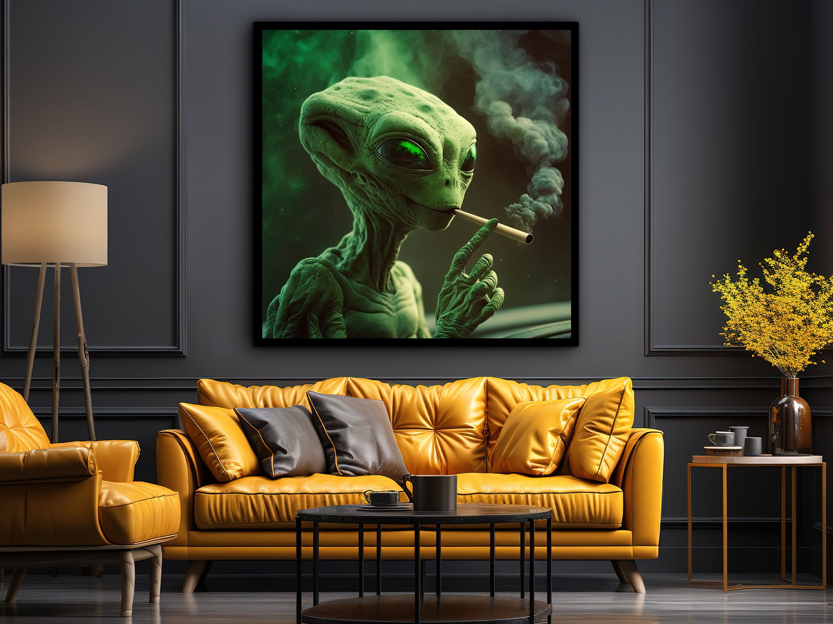 Alien Smoking Canvas Wall Art, Modern Design Home and Office Decor, Alien Canvas Print, Poster Wall Canvas, Ready to Hang, Printed on Black Frame