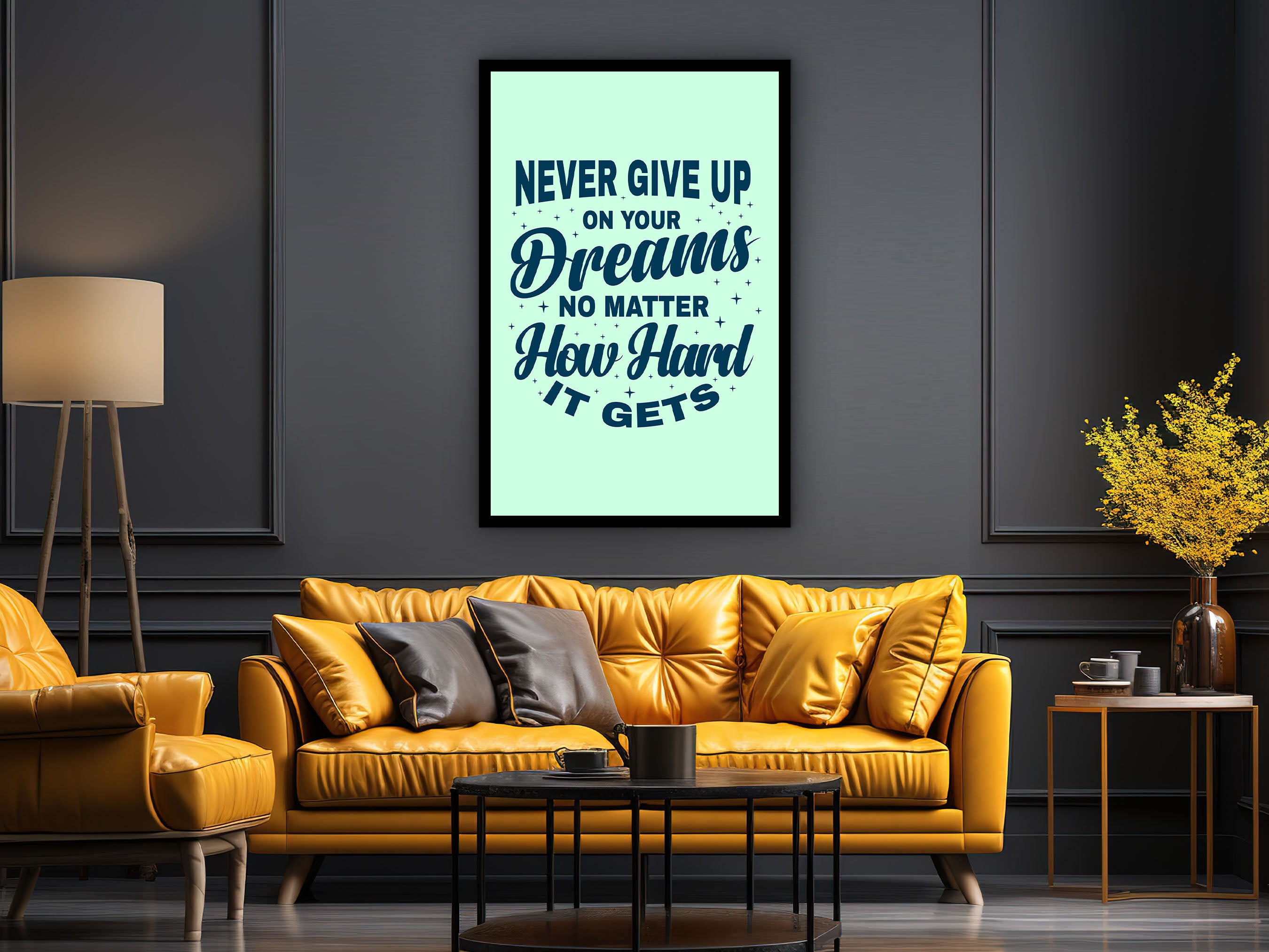 Motivational Wall Art, Never Give Up on Your Dreams No Matter How Hard It Canvas, Ready to Hang, Quotes Canvas Gift, Printed on Black Frame