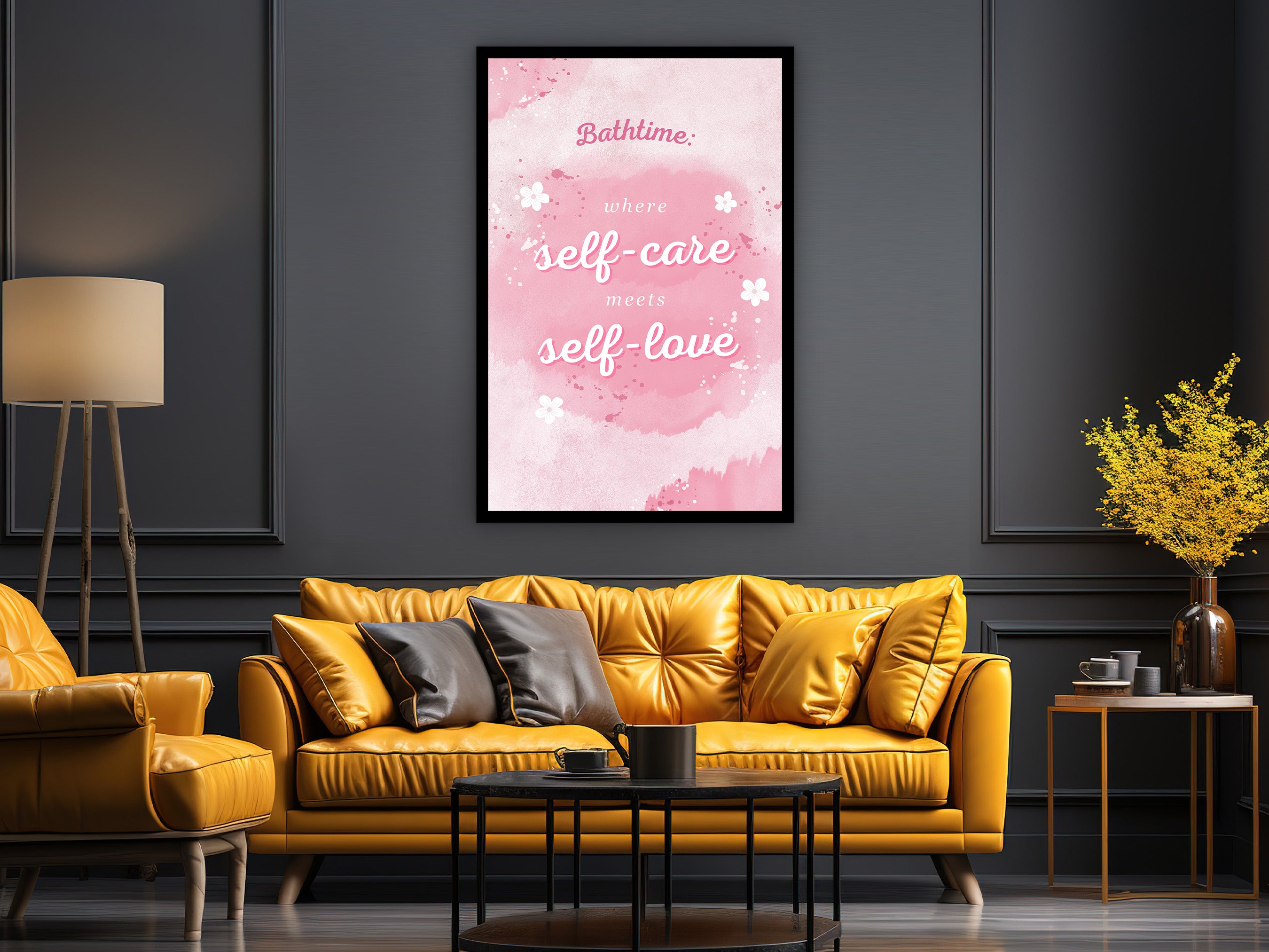 Motivational Wall Art, Bathtime Where Self-Care meets Self-Love Wall Art Canvas, Home & Office Decor, Ready to Hang, Printed on Black Frame