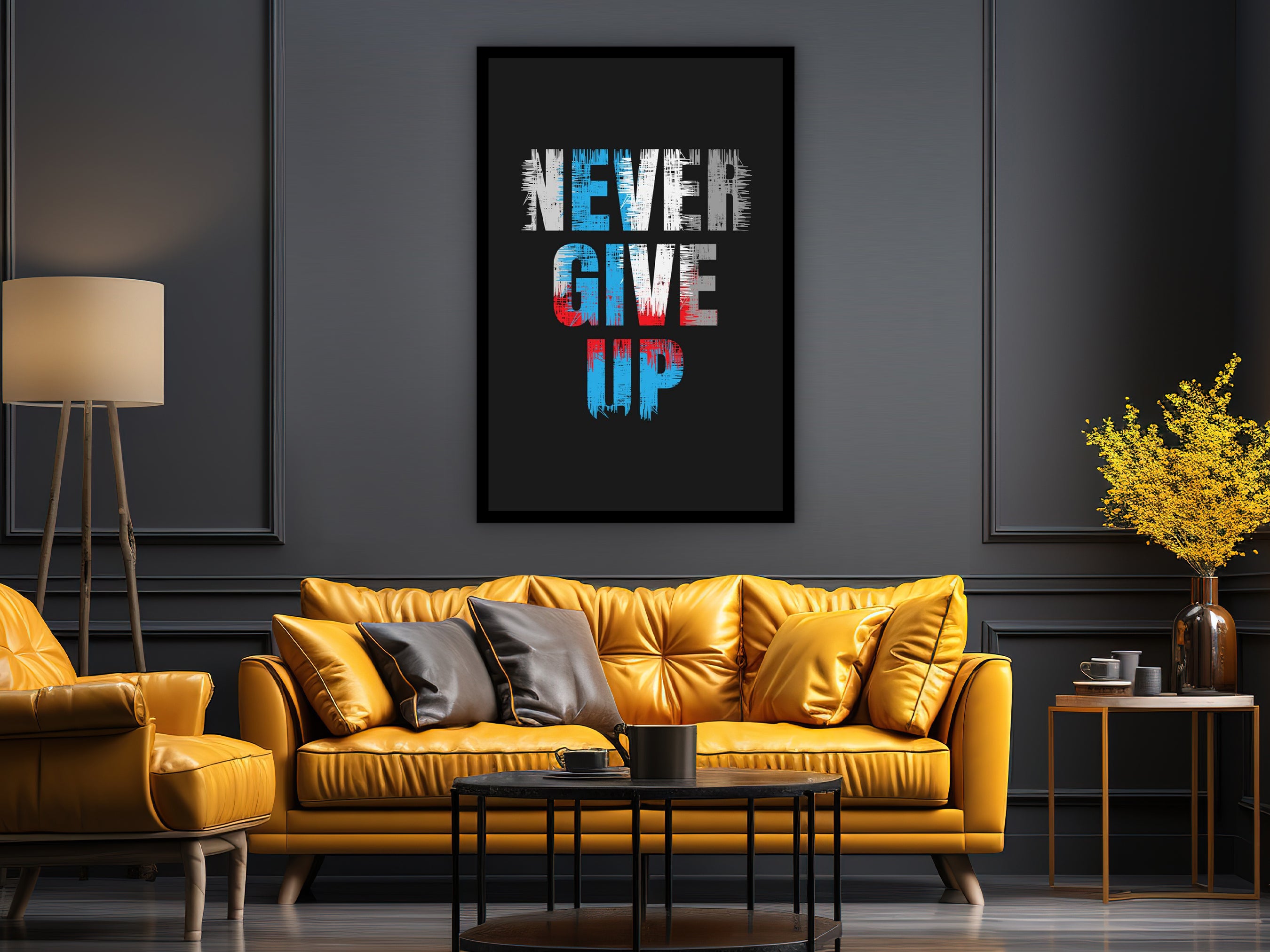 Never Give Up Wall Art, Motivational Canvas Art, Modern Home & Office Wall Decor, Printed on Black Frame, Ready to Hang, Gift Idea for Him