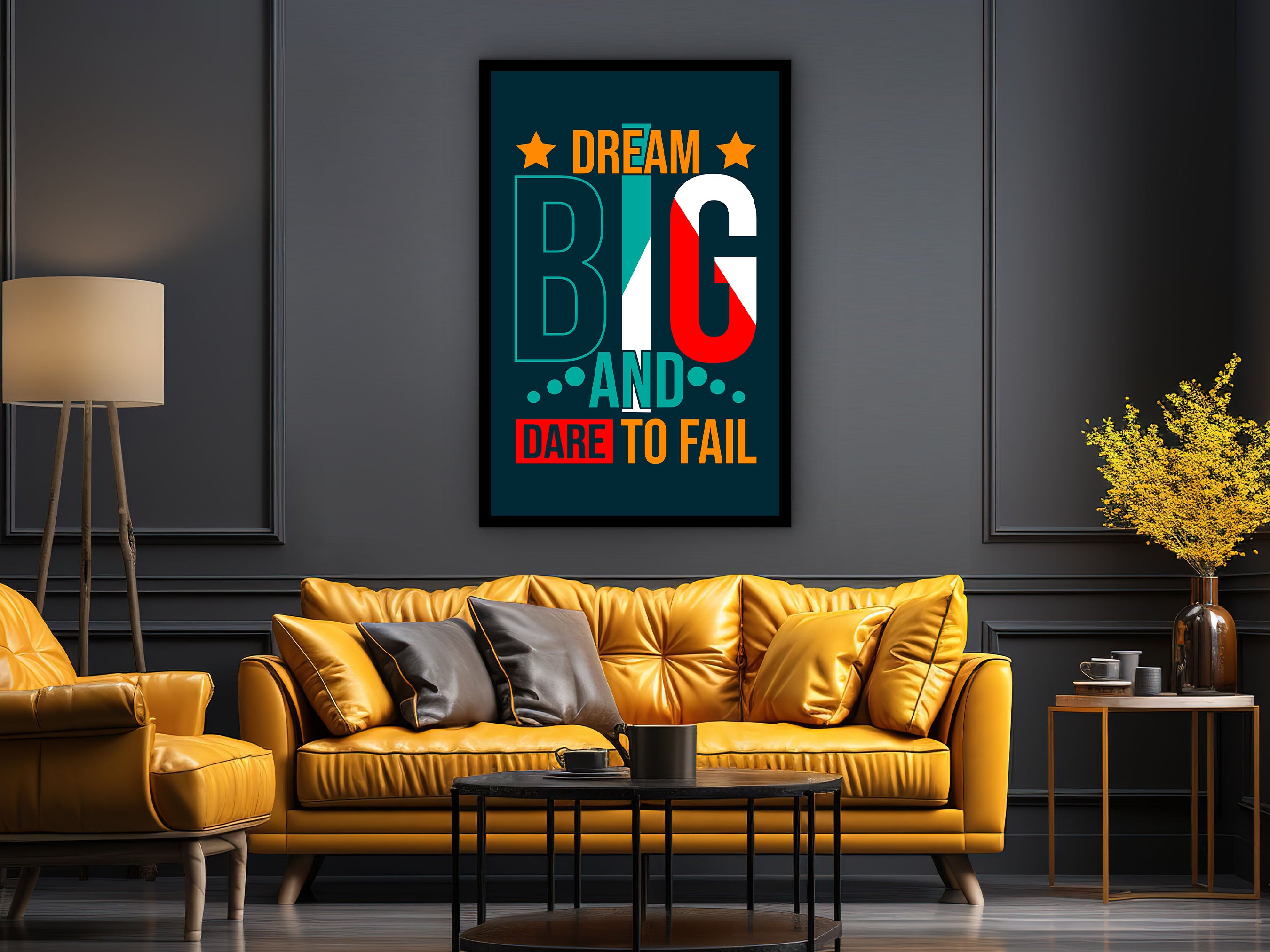 Motivational Wall Art, Dream Big Dare to Fail Wall Art Canvas, Living Room Wall Decor, Ready to Hang, Gift for Her, Printed on Black Frame