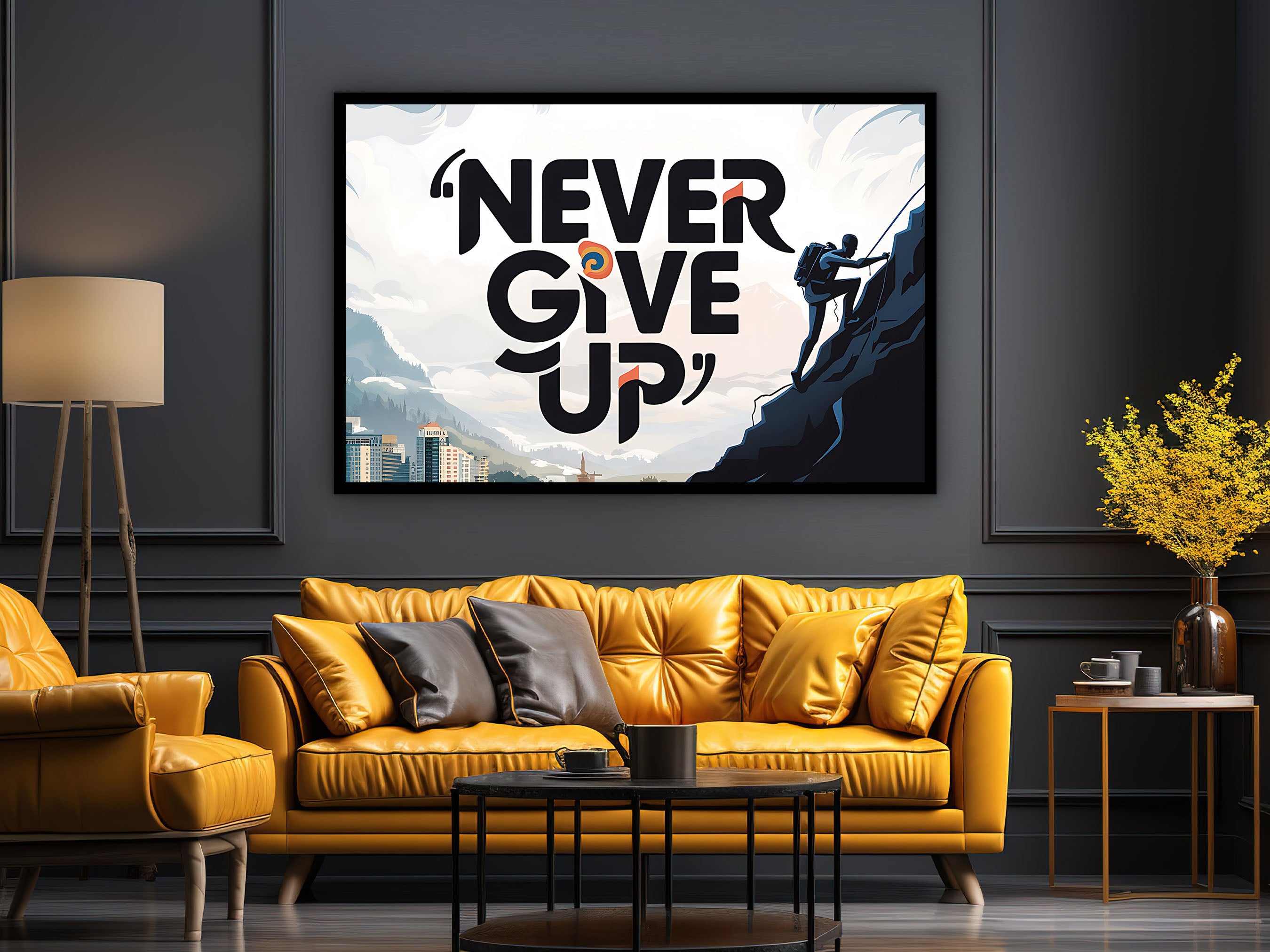 Motivational Canvas Wall Art, Never Give Up Wall Art, Modern Design Home & Office Decor, Ready to Hang, Gift for him, Printed on Black Frame