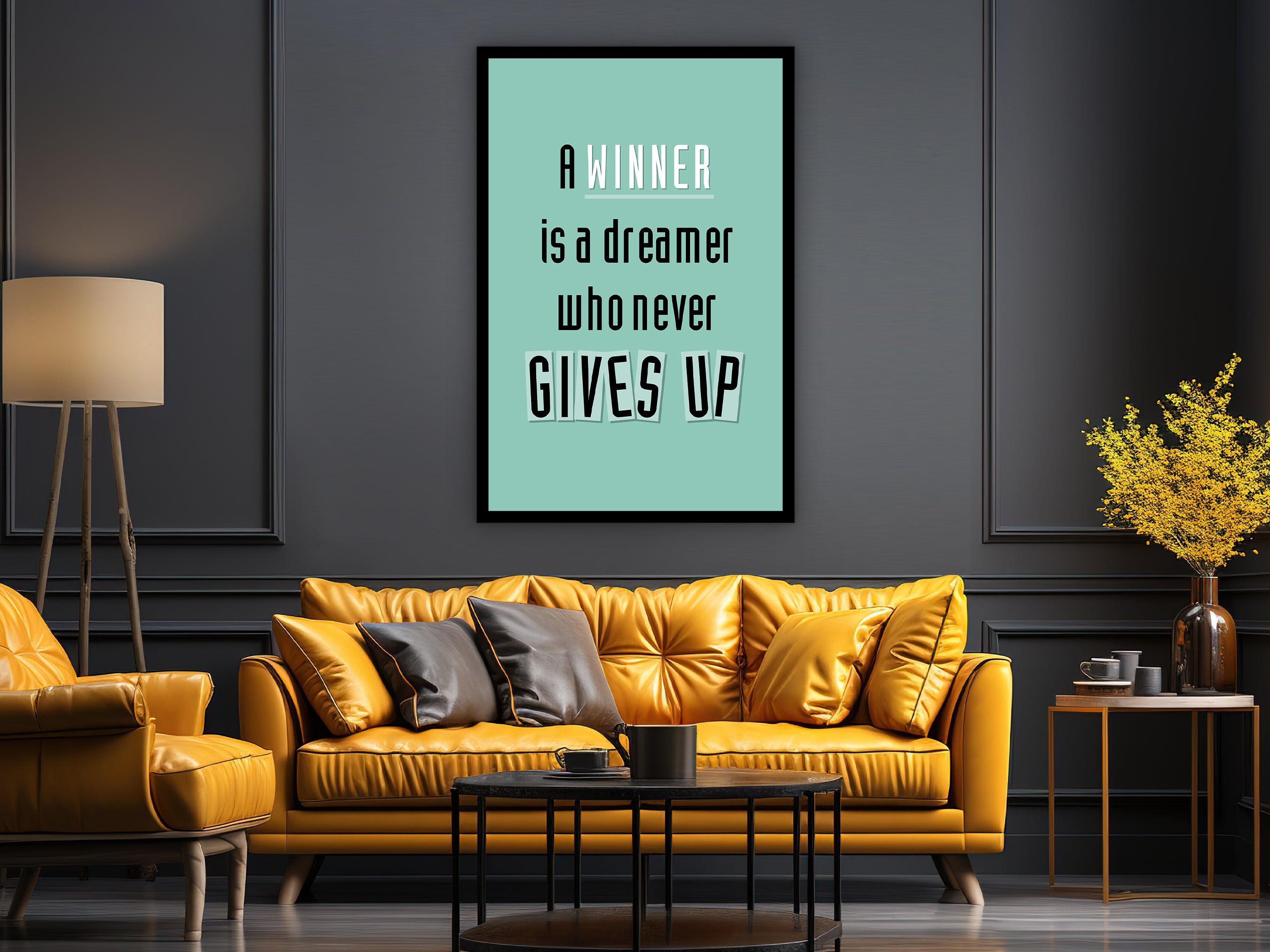 A Winner Is A Dreamer Who Never Gives Up Wall Art, Motivational Canva, Modern Home & Office Wall Decor, Printed on Black Frame, Ready to Hang