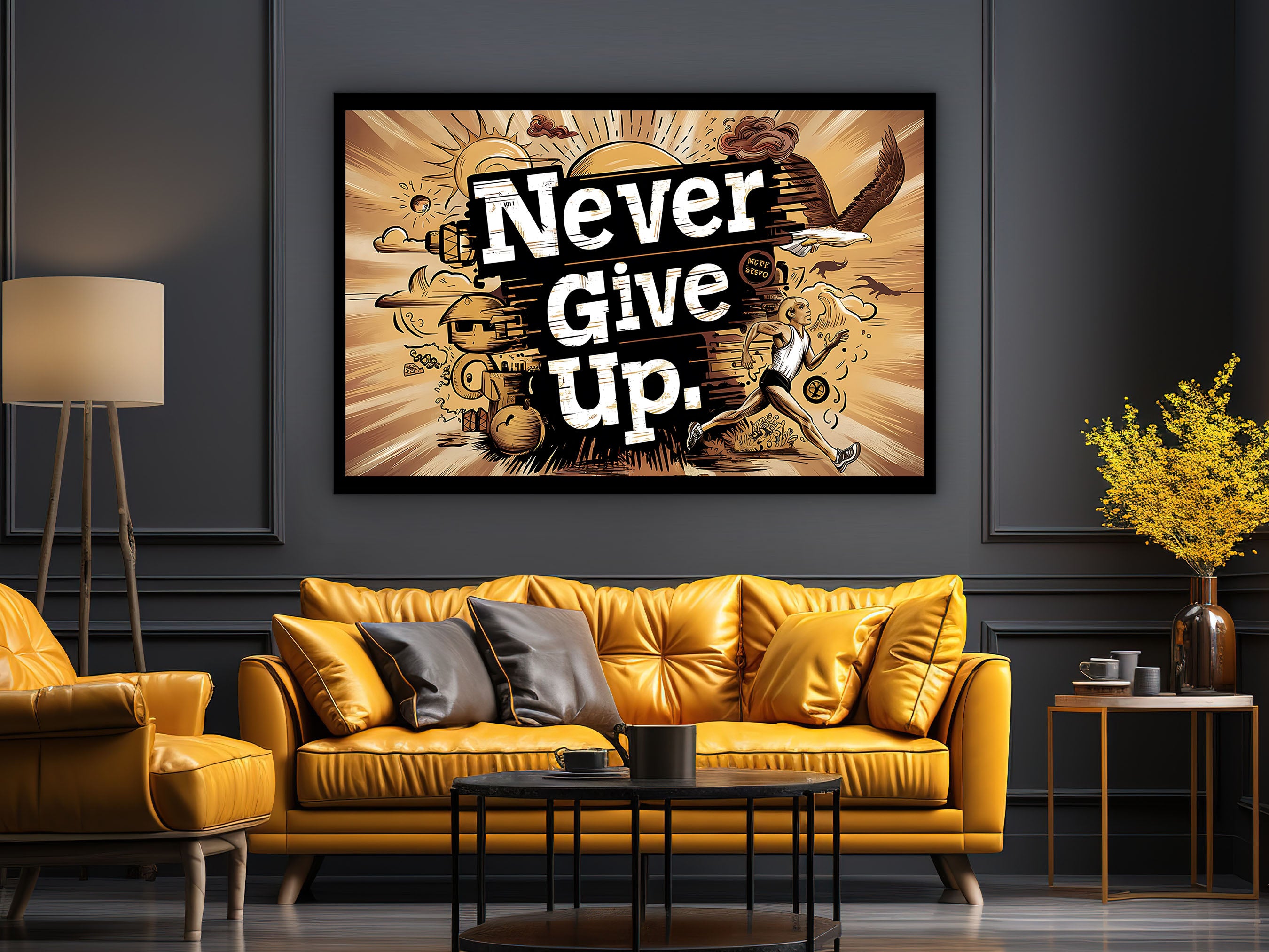 Motivational Wall Art, Never Give Up Canvas Wall Art, Modern Design Home & Office Decor, Ready to Hang, Gift for him, Printed on Black Frame