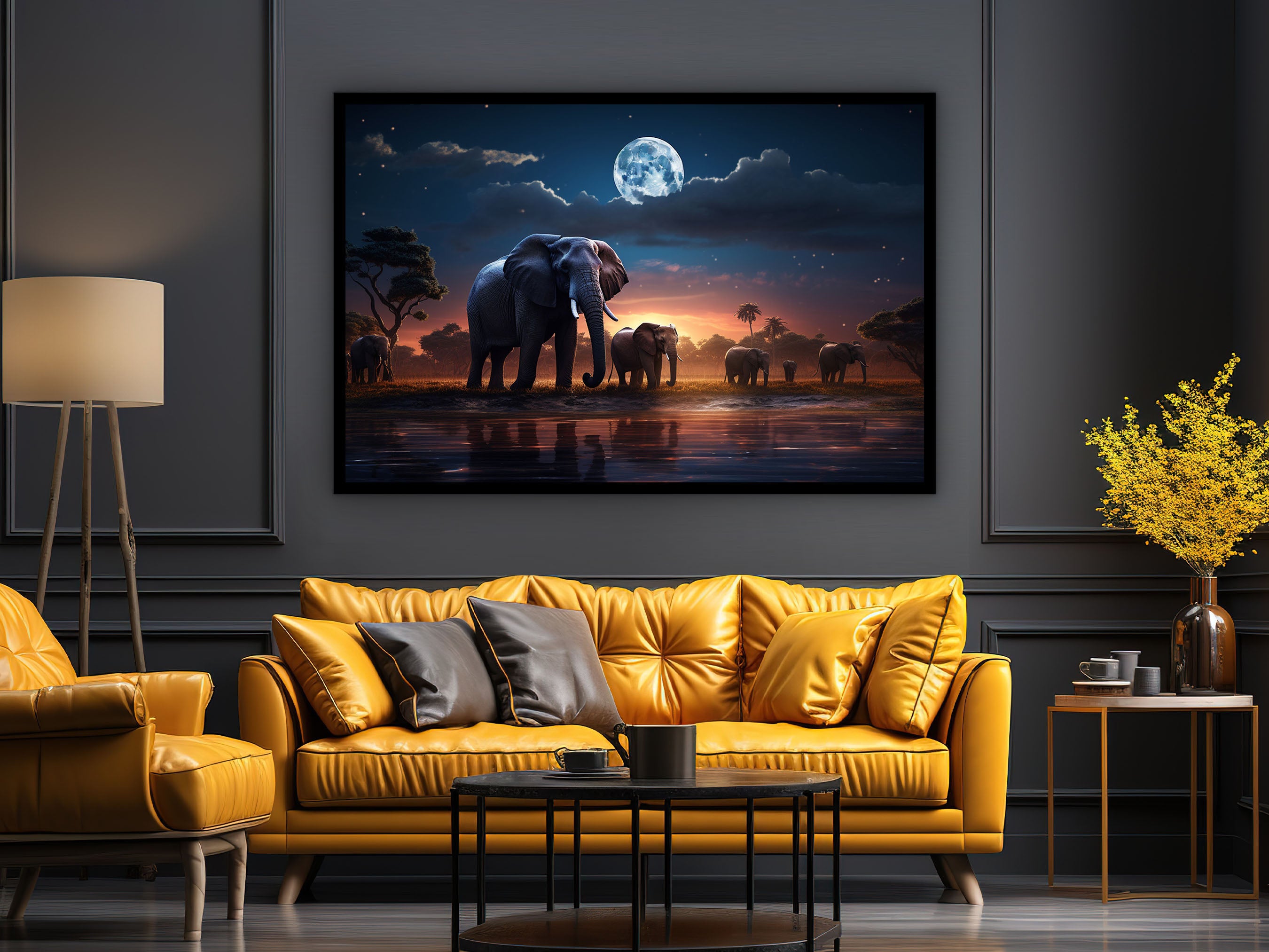 Elephant Canvas Wall Art, Animals African Wall Decor, Elephants Family Painting Art, Ready to Hanging, Perfect Gift, Printed on Black Frame