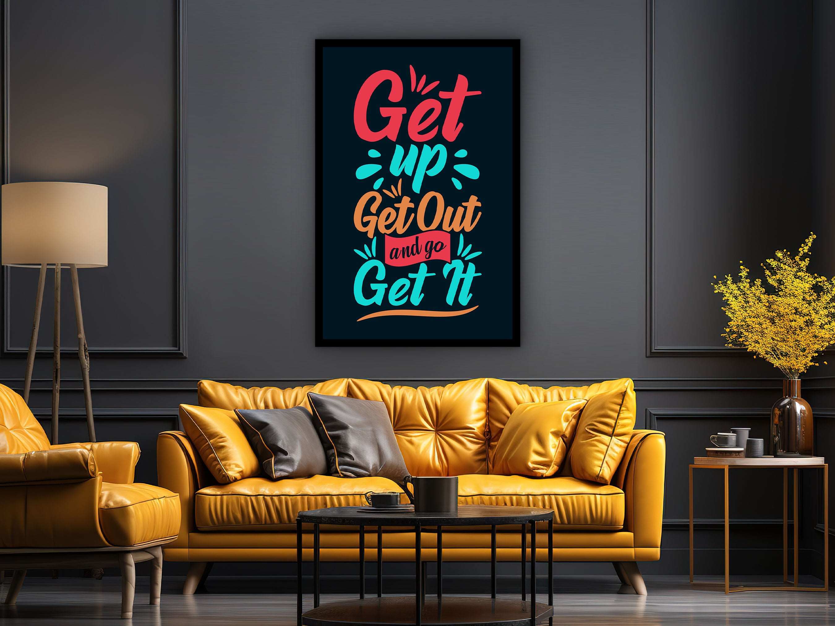 Motivational Wall Art, Get Up Get Out and Go Get It Canvas, Daily Inspiration Quotes, Ready to Hang, Gift for Her, Printed on Black Frame