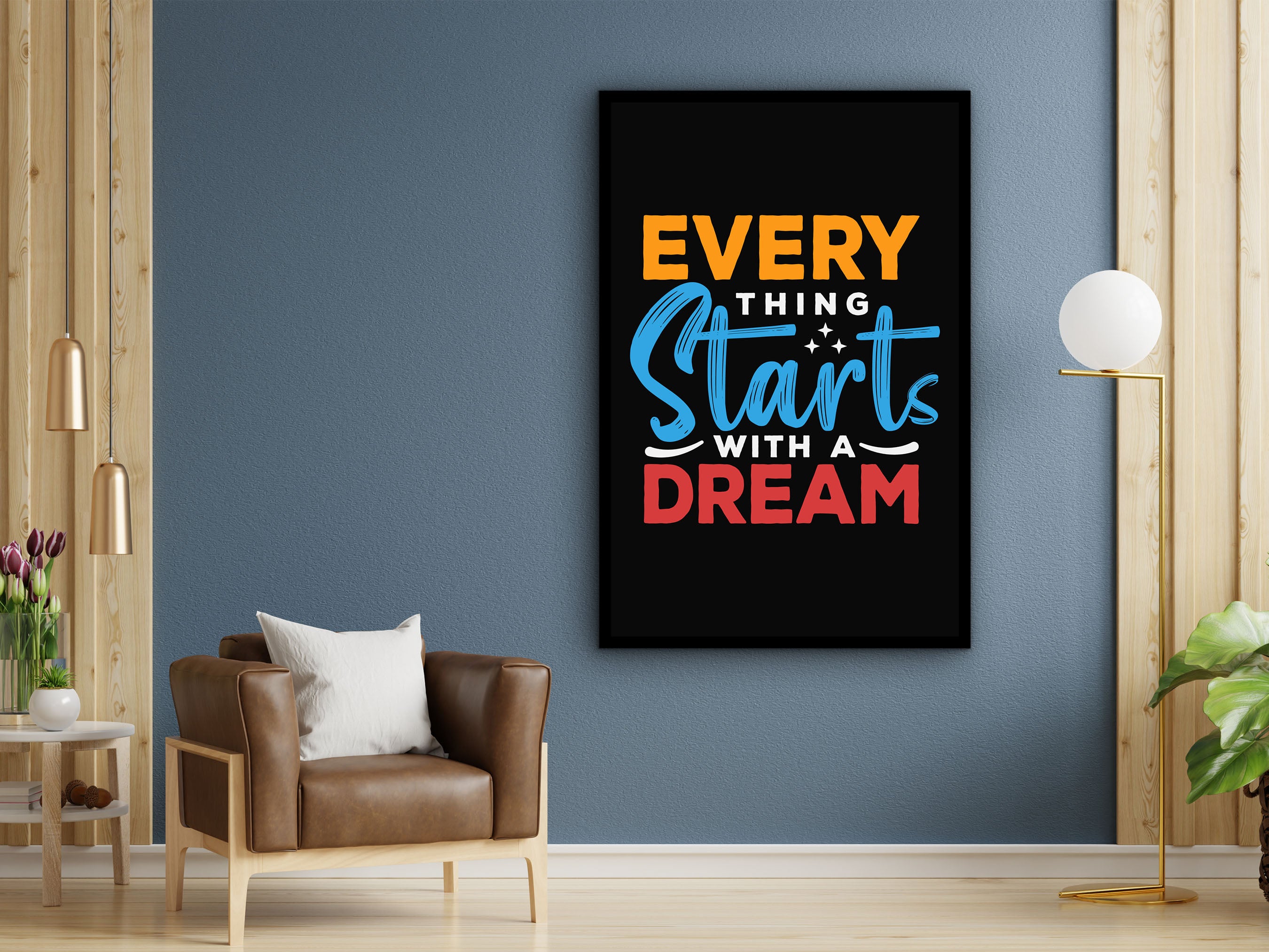 Every Thing Starts With A Dream Wall Art Canvas, Modern Home Office Prints, Daily Inspiration Wall Art, Ready to Hang, Unique Gift for Him