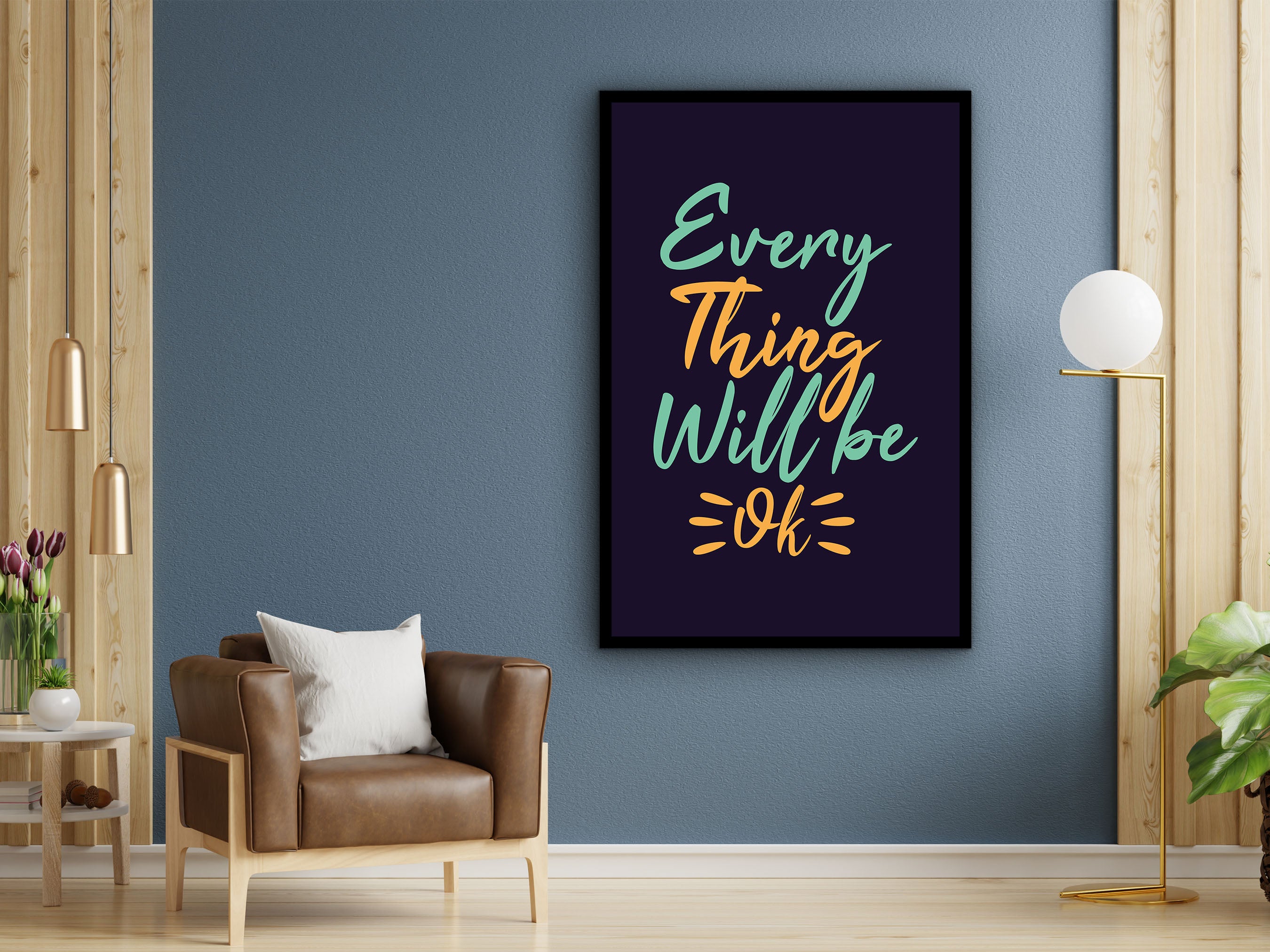 Positive Vibes Wall Art, Every Thing Will Be Ok Canvas, Home & Office Wall Decor, Affirmation Artwork, Perfect Gift, Printed on Black Frame