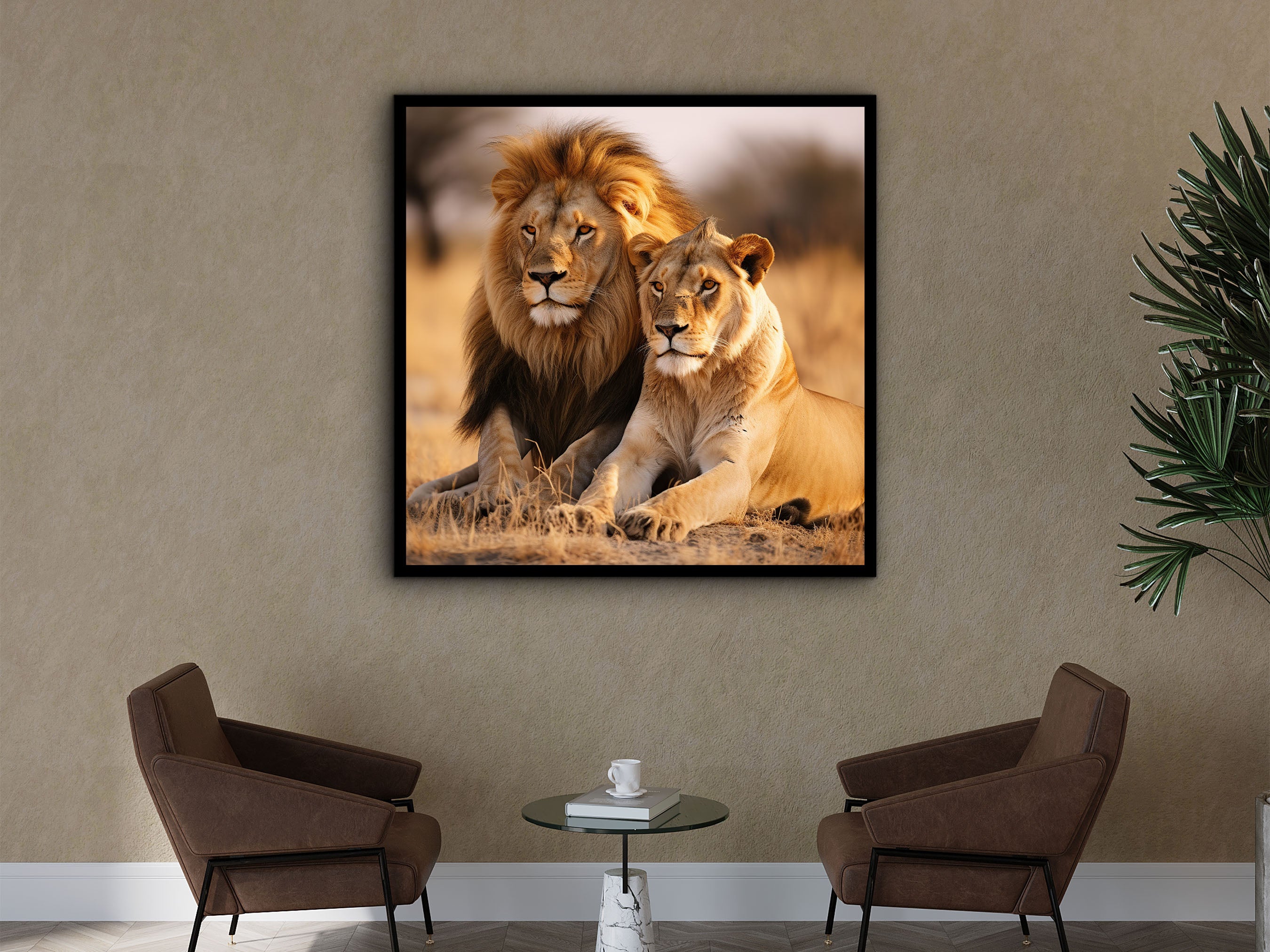 Lion Canvas Wall Art, Animal Modern Design Art, Home Decor, Lion Couple Canvas Print, Ready to Hang, Perfect Gift, Printed on Black Frame