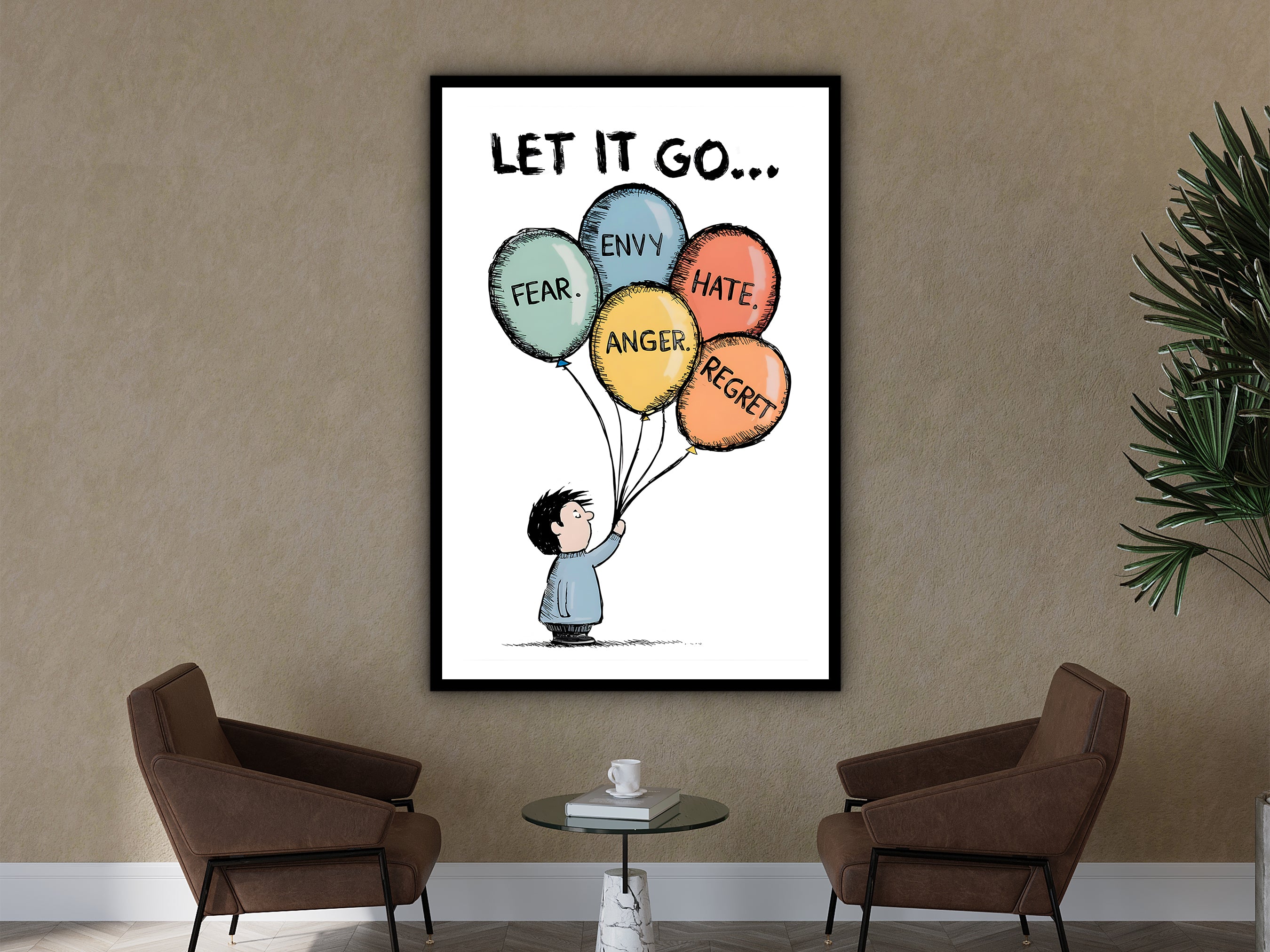 Let It Go Wall Art, Motivational Wall Art, Modern Home & Office Decor, Ready to Hang, Balloon Art Print, Printed on Black Frame, Gift Idea