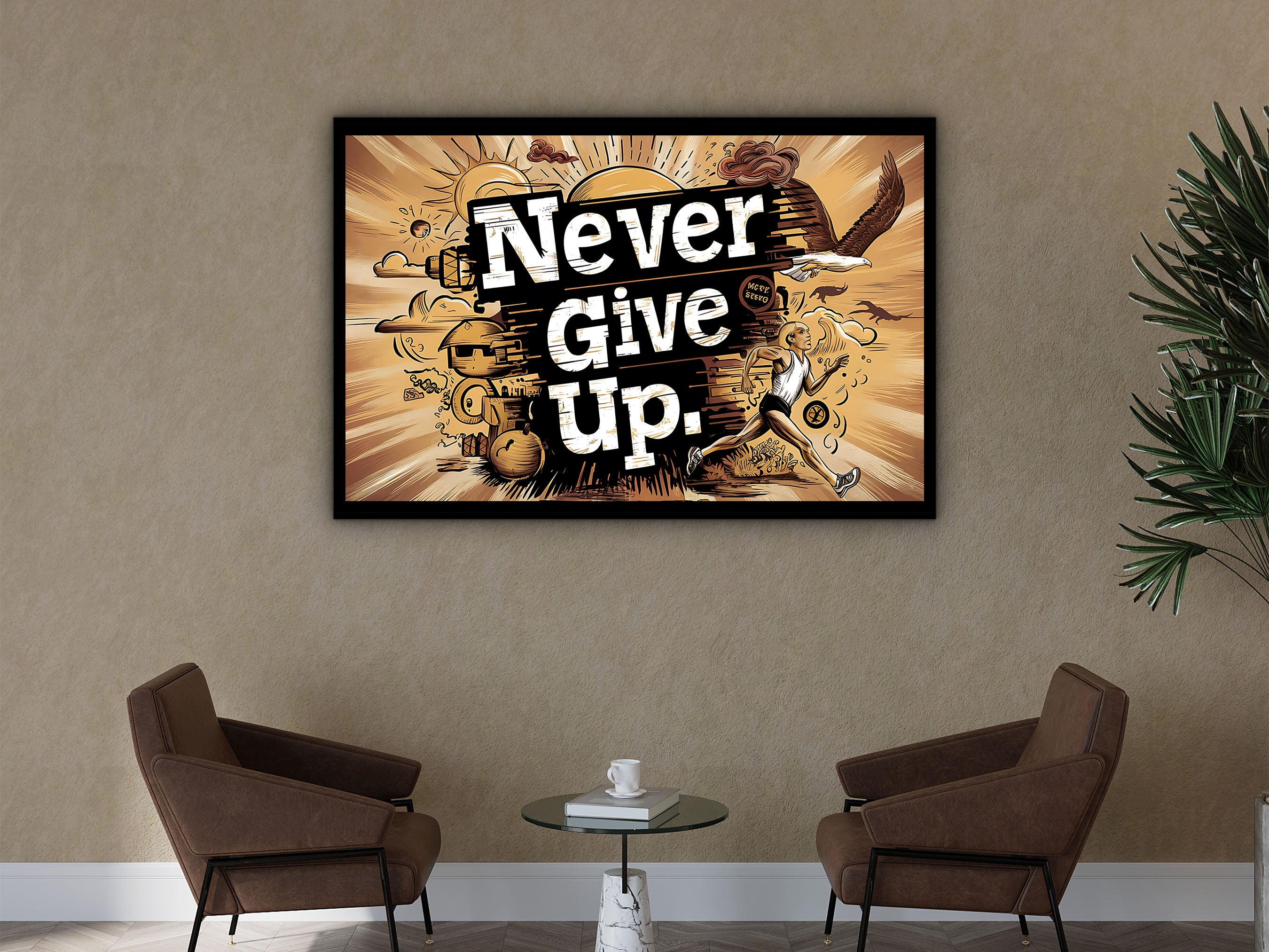 Motivational Wall Art, Never Give Up Canvas Wall Art, Modern Design Home & Office Decor, Ready to Hang, Gift for him, Printed on Black Frame