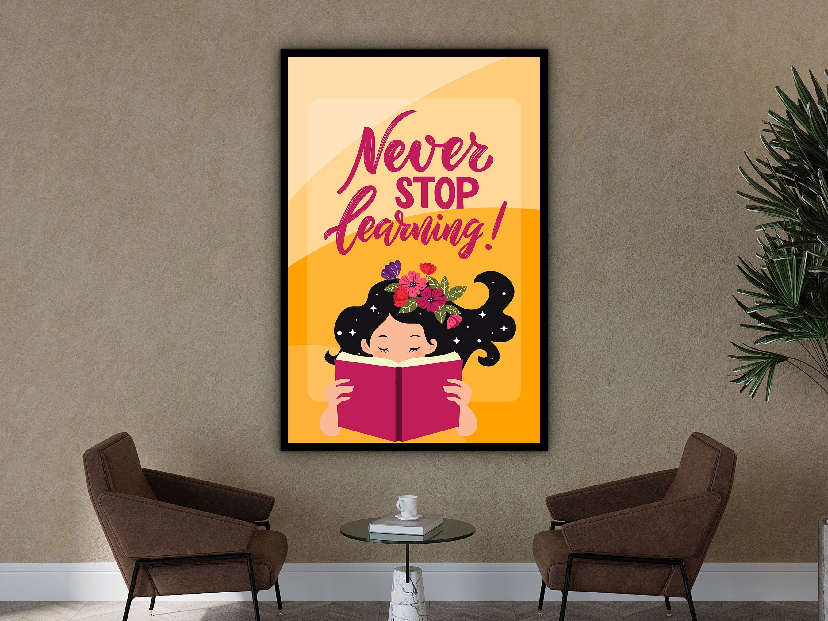 Motivational Wall Art, Never Stop Learning! Wall Art Canvas, Modern Home & Office Wall Decor, Ready to Hanging Gift, Printed on Black Frame