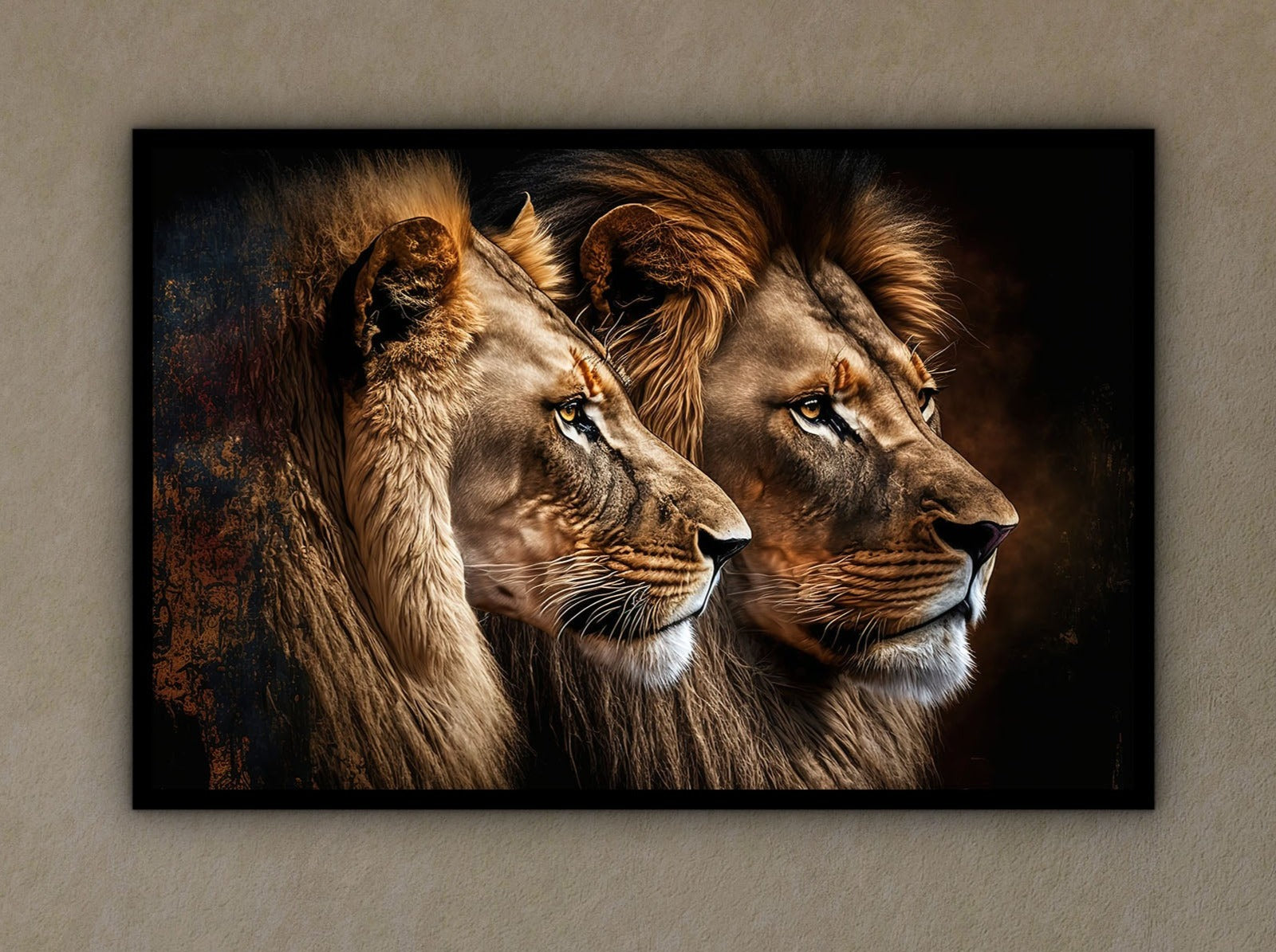 Lion Canvas Wall Art, Animal Modern Design Art, Home Decor, Lion Couple Canvas Print, Framed Lion Art, Perfect Gift, Printed on Black Frame