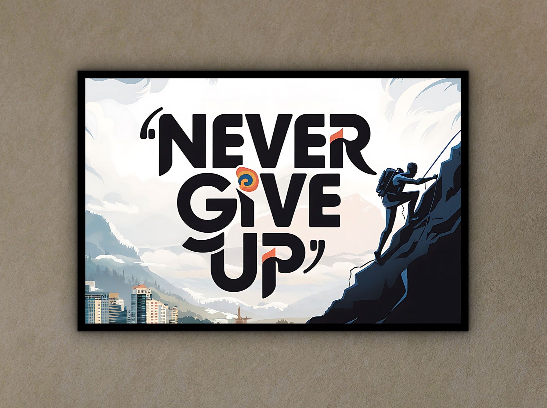 Motivational Canvas Wall Art, Never Give Up Wall Art, Modern Design Home & Office Decor, Ready to Hang, Gift for him, Printed on Black Frame