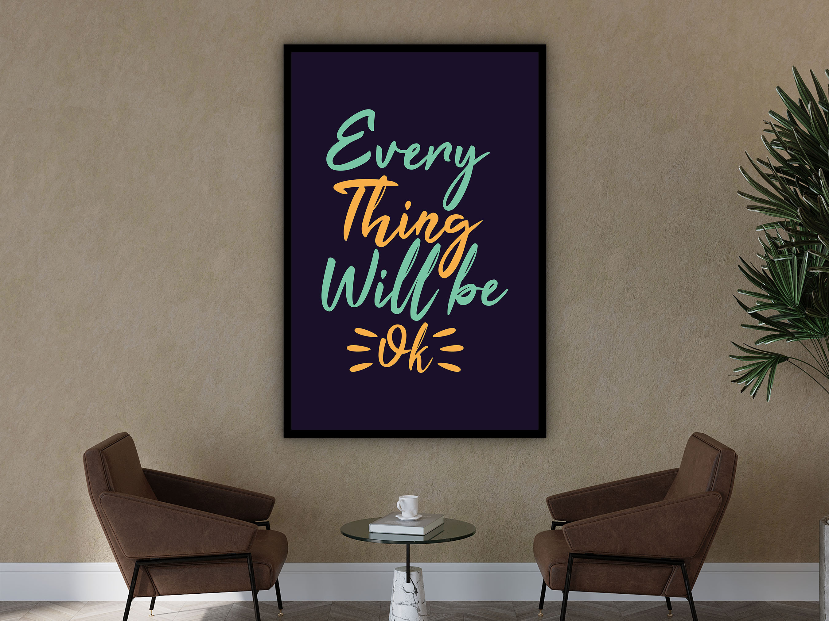 Positive Vibes Wall Art, Every Thing Will Be Ok Canvas, Home & Office Wall Decor, Affirmation Artwork, Perfect Gift, Printed on Black Frame