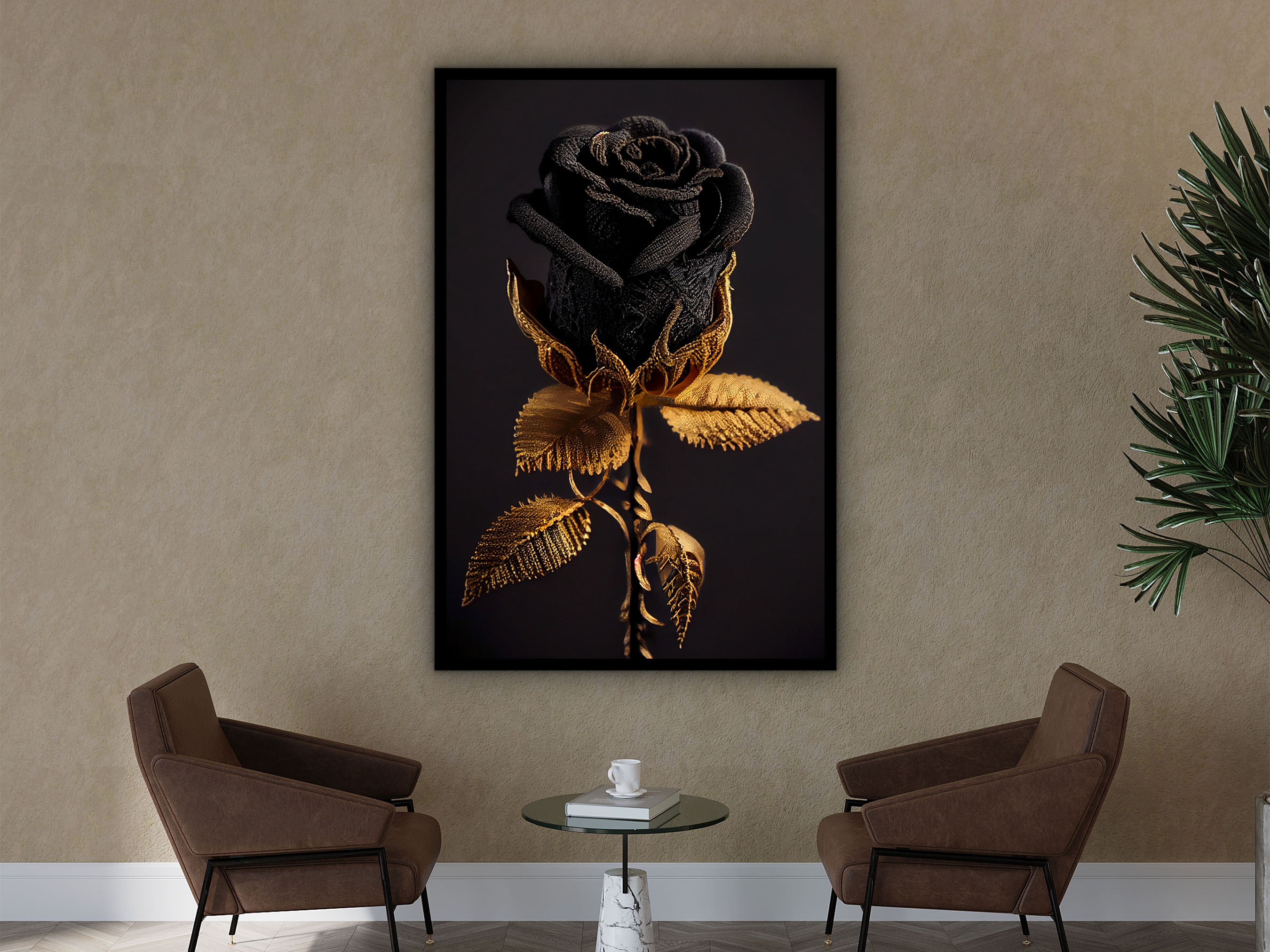 Black Gold Rose Wall Art Canvas, Modern Design Home Decor, Farmed Canvas Poster Print, Ready to Hang, Gift for Her, Printed on Black Frame