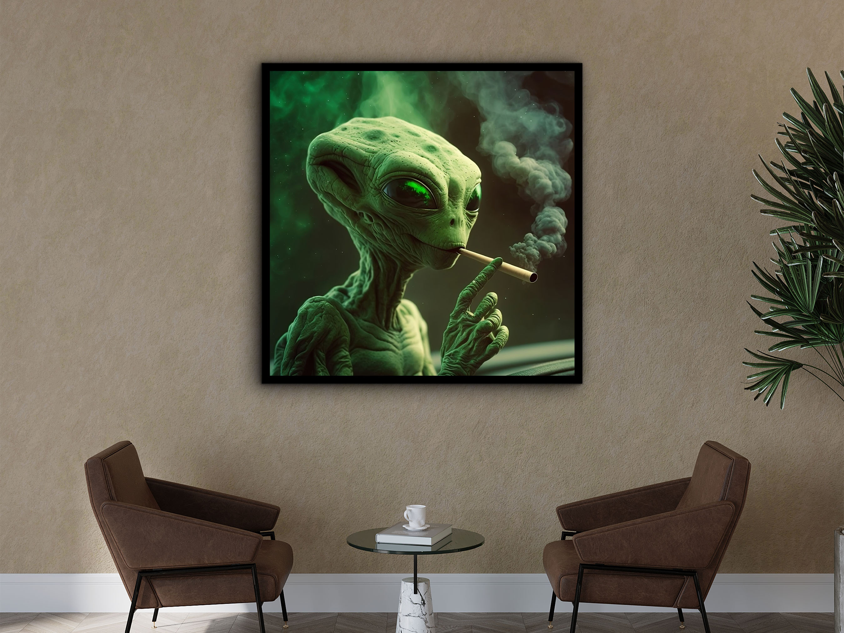 Alien Smoking Canvas Wall Art, Modern Design Home and Office Decor, Alien Canvas Print, Poster Wall Canvas, Ready to Hang, Printed on Black Frame