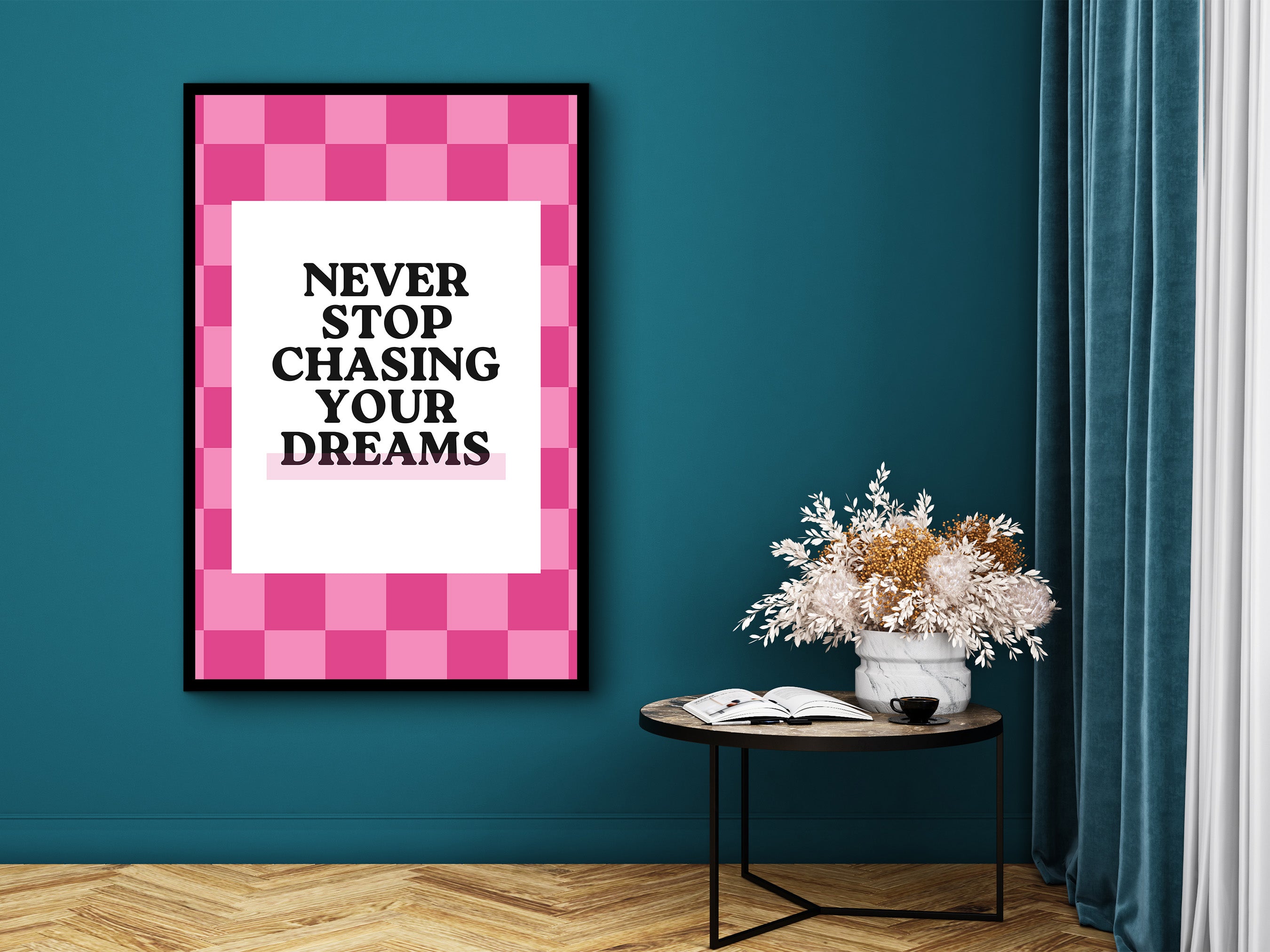 Motivational Poster Gift, Never Stop Chasing Your Dreams Wall Art Canvas, Home & Office Quotes Print, Ready to Hang, Printed on Black Frame