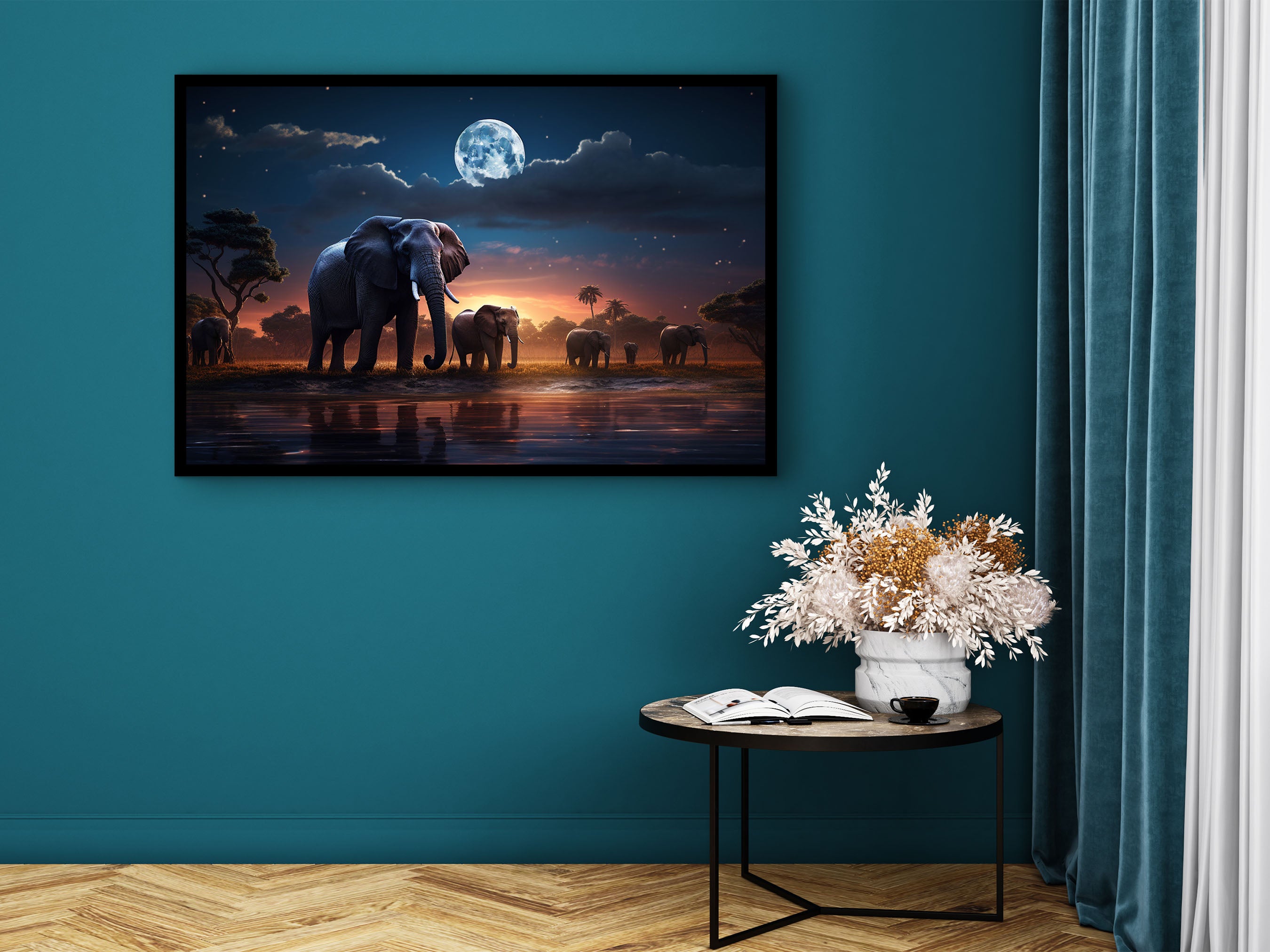 Elephant Canvas Wall Art, Animals African Wall Decor, Elephants Family Painting Art, Ready to Hanging, Perfect Gift, Printed on Black Frame