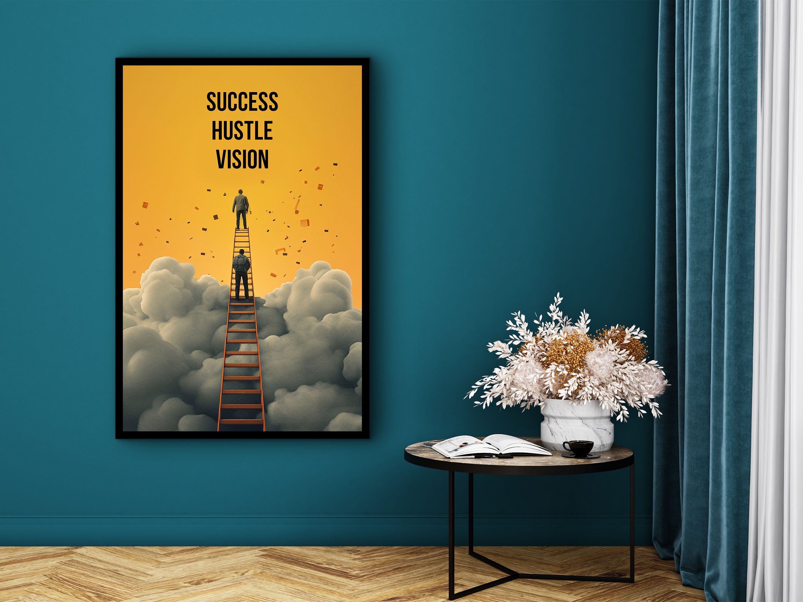 Success Hustle Vision Wall Art, Modern Home Office Prints, Uplifting Quote Decor, Ready to Hang, Motivational Canvas, Printed on Black Frame