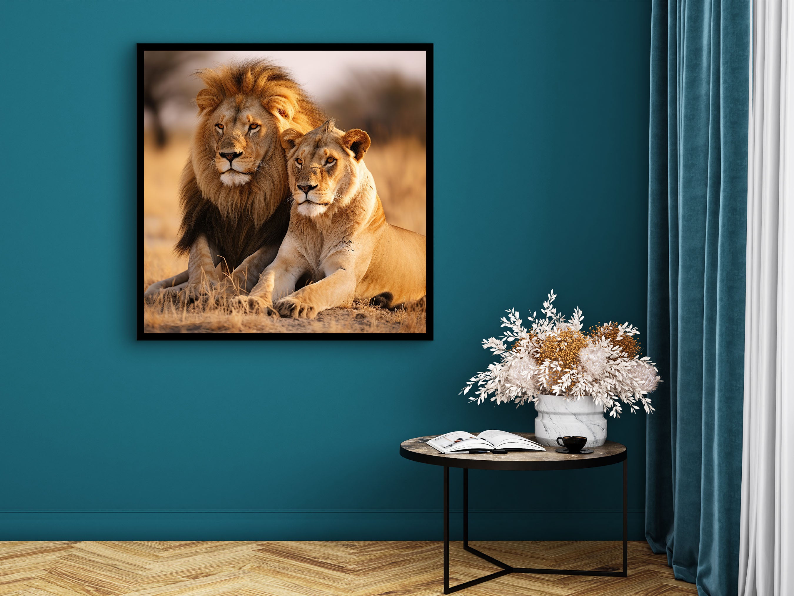 Lion Canvas Wall Art, Animal Modern Design Art, Home Decor, Lion Couple Canvas Print, Ready to Hang, Perfect Gift, Printed on Black Frame