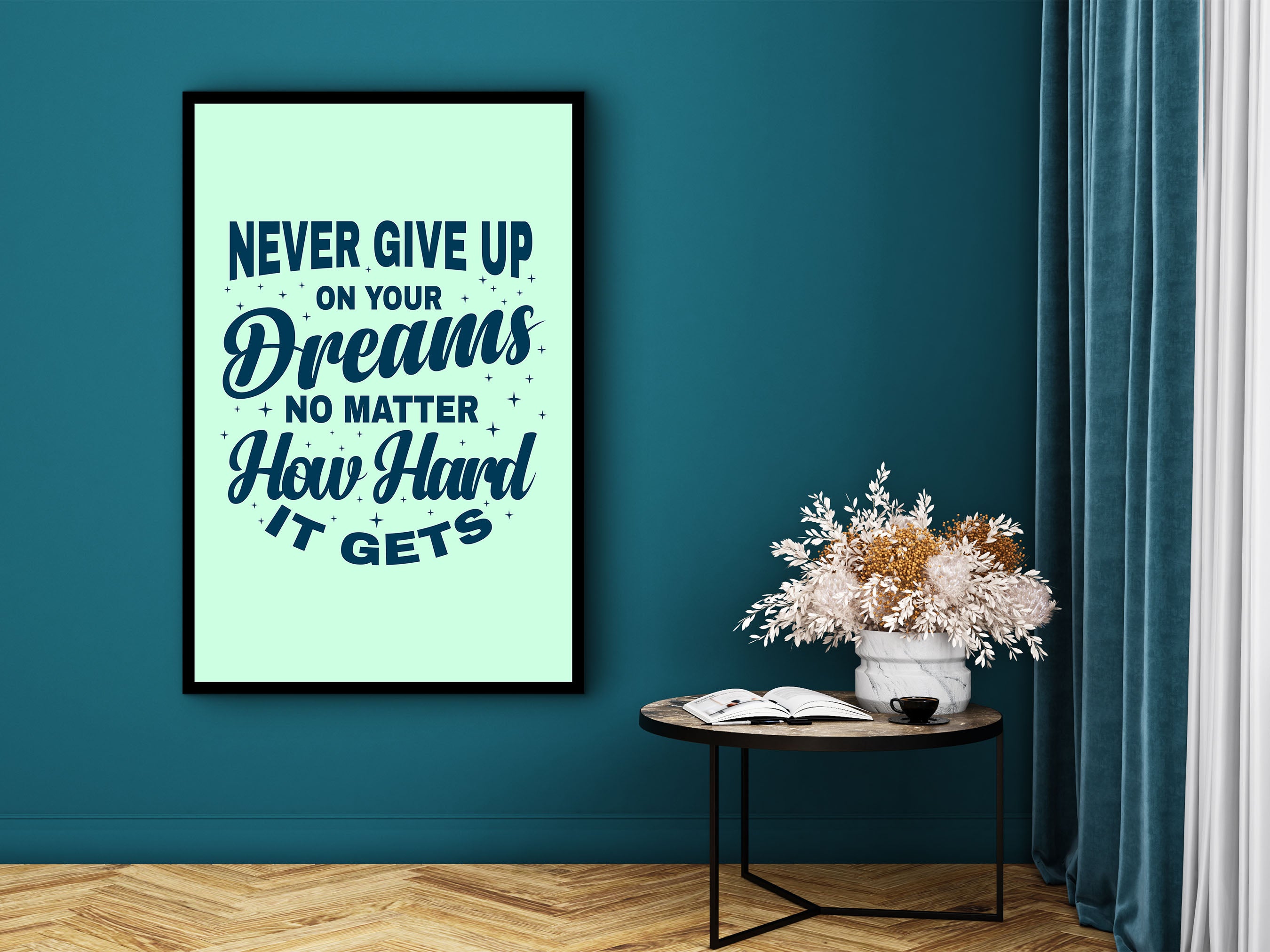 Motivational Wall Art, Never Give Up on Your Dreams No Matter How Hard It Canvas, Ready to Hang, Quotes Canvas Gift, Printed on Black Frame