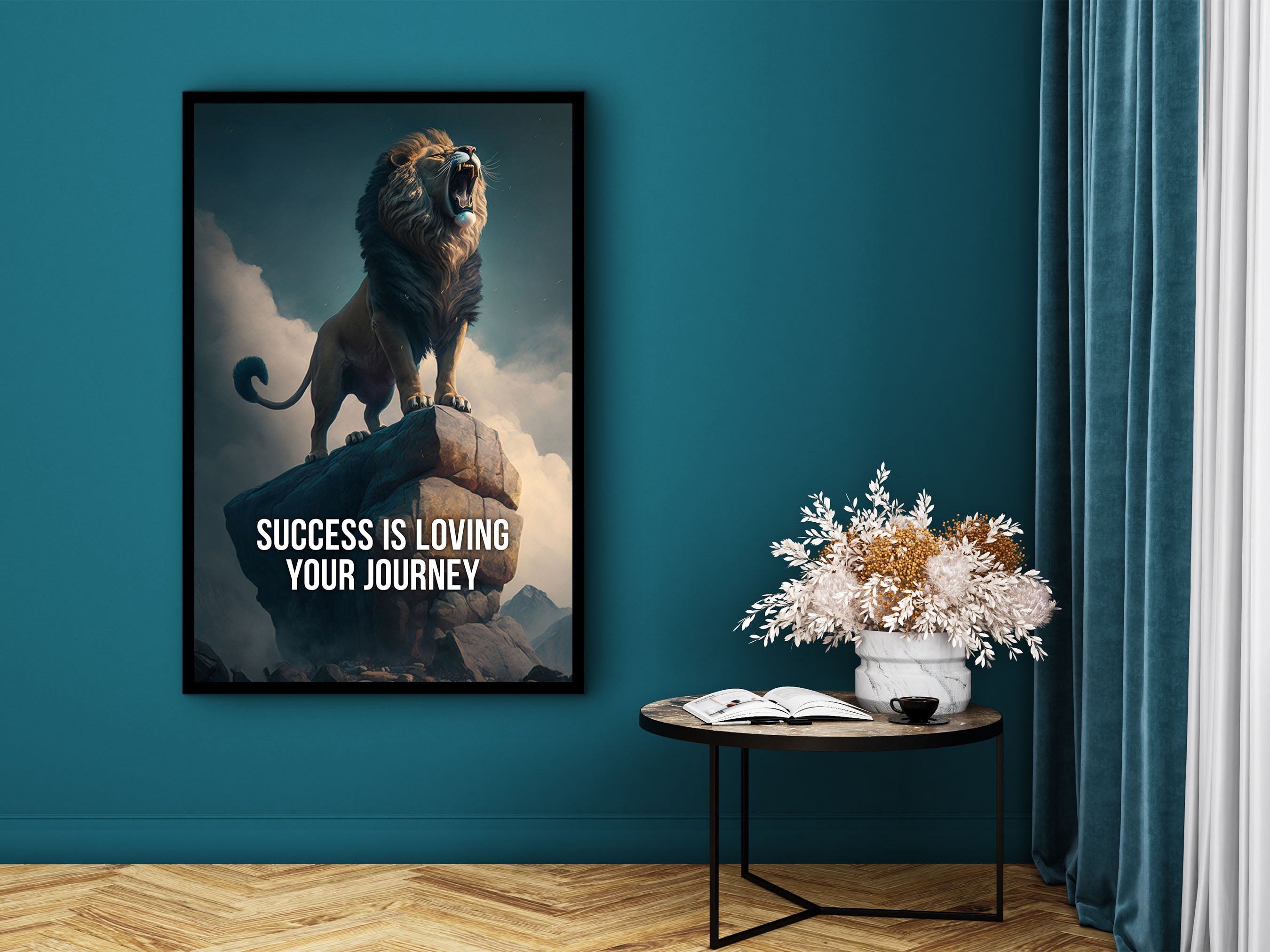 Motivational Wall Art, Success is Loving Your Journey Canvas, Lion With Quote Print Art, Modern Home Decor Gift, Printed on Black Frame