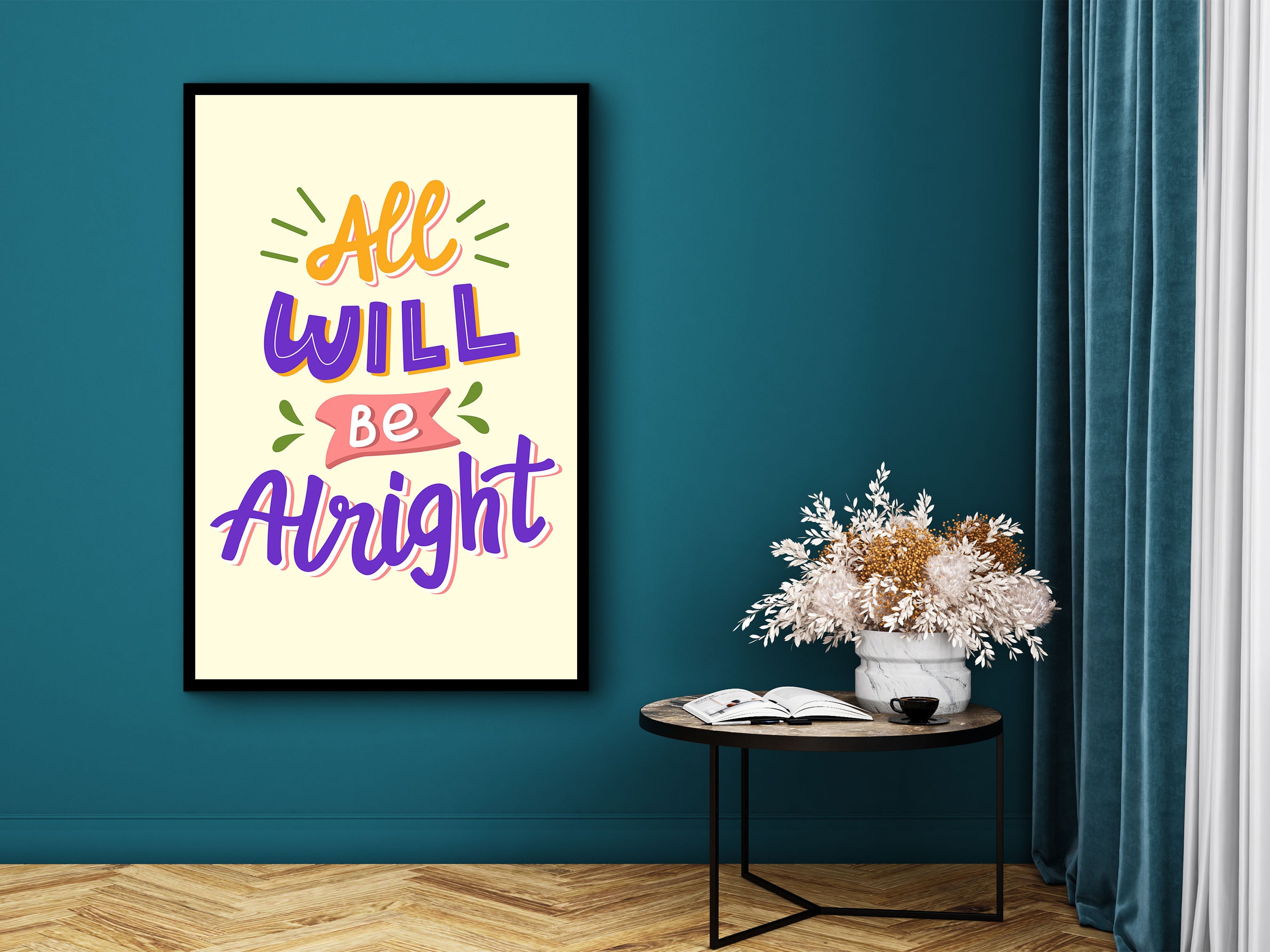 Motivational Wall Art, All Will Be Alright Canvas, Modern Design Home & Office Decor, Ready to Hang, Gift for Her, Printed on Black Frame