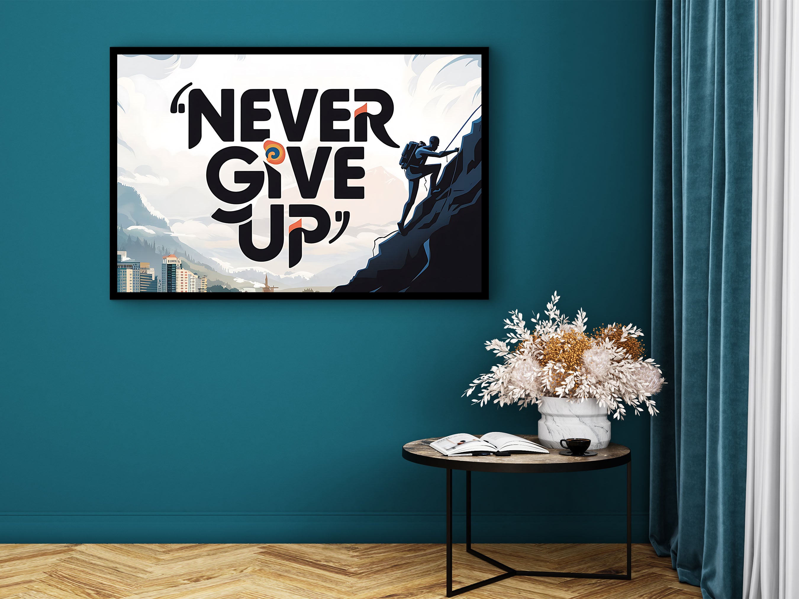 Motivational Canvas Wall Art, Never Give Up Wall Art, Modern Design Home & Office Decor, Ready to Hang, Gift for him, Printed on Black Frame