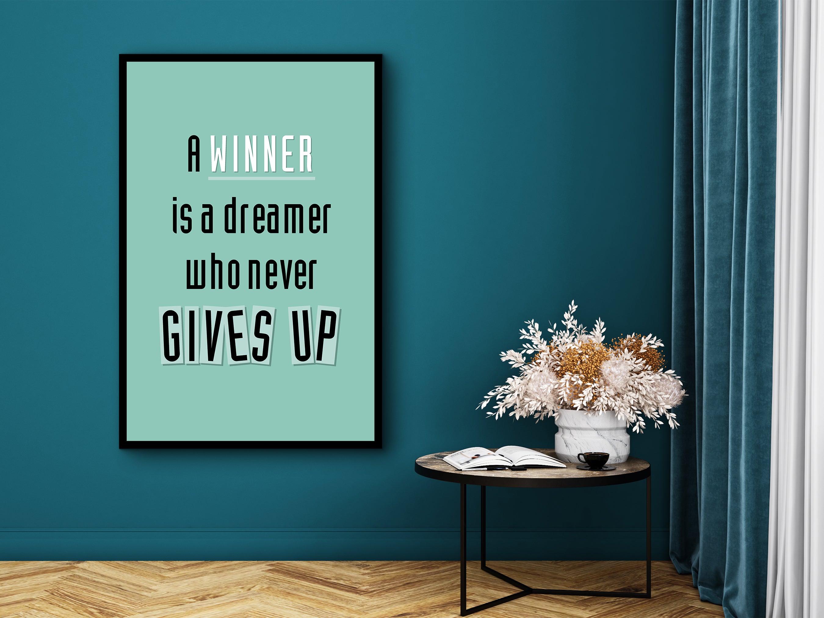 A Winner Is A Dreamer Who Never Gives Up Wall Art, Motivational Canva, Modern Home & Office Wall Decor, Printed on Black Frame, Ready to Hang