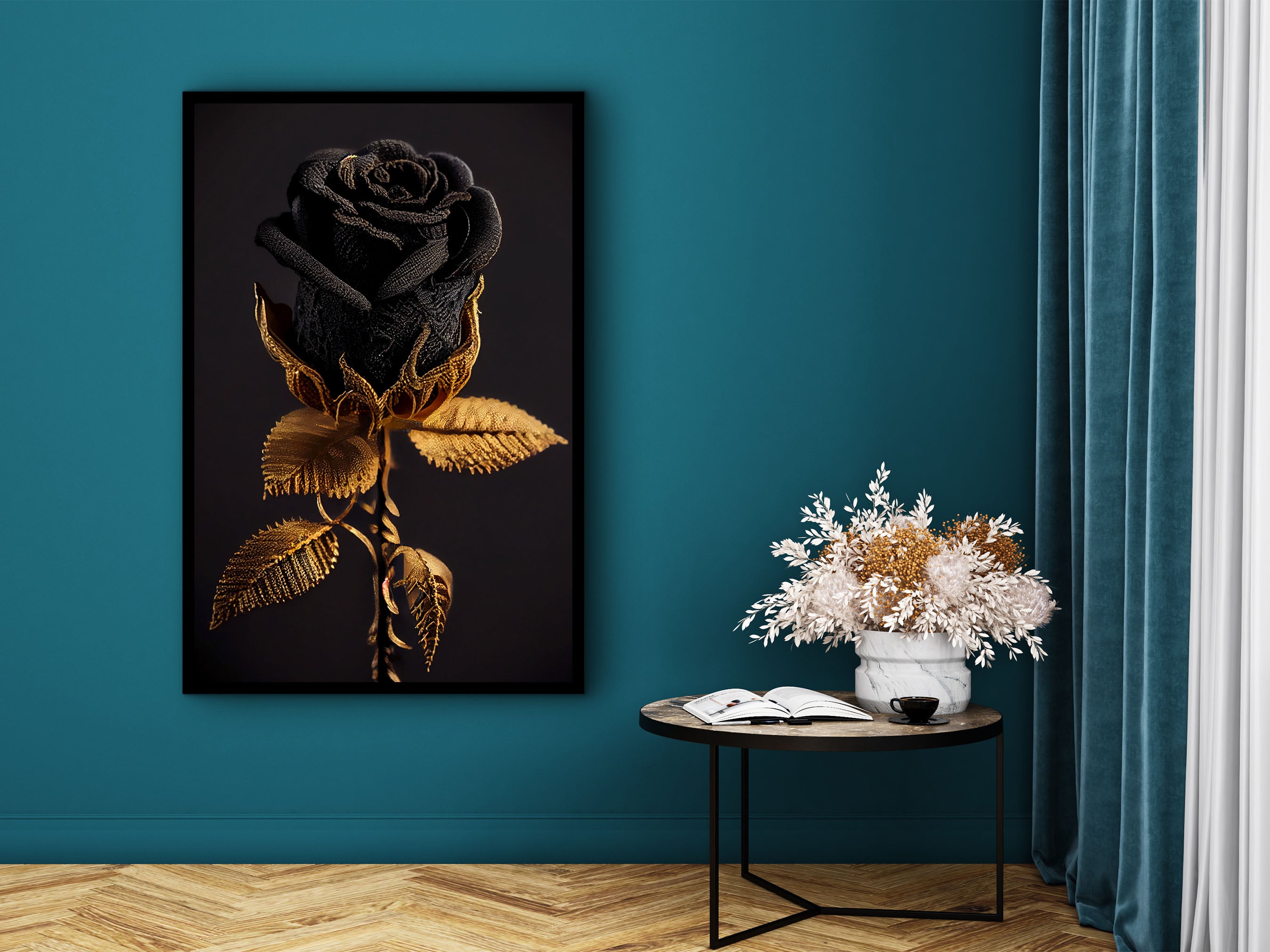 Black Gold Rose Wall Art Canvas, Modern Design Home Decor, Farmed Canvas Poster Print, Ready to Hang, Gift for Her, Printed on Black Frame