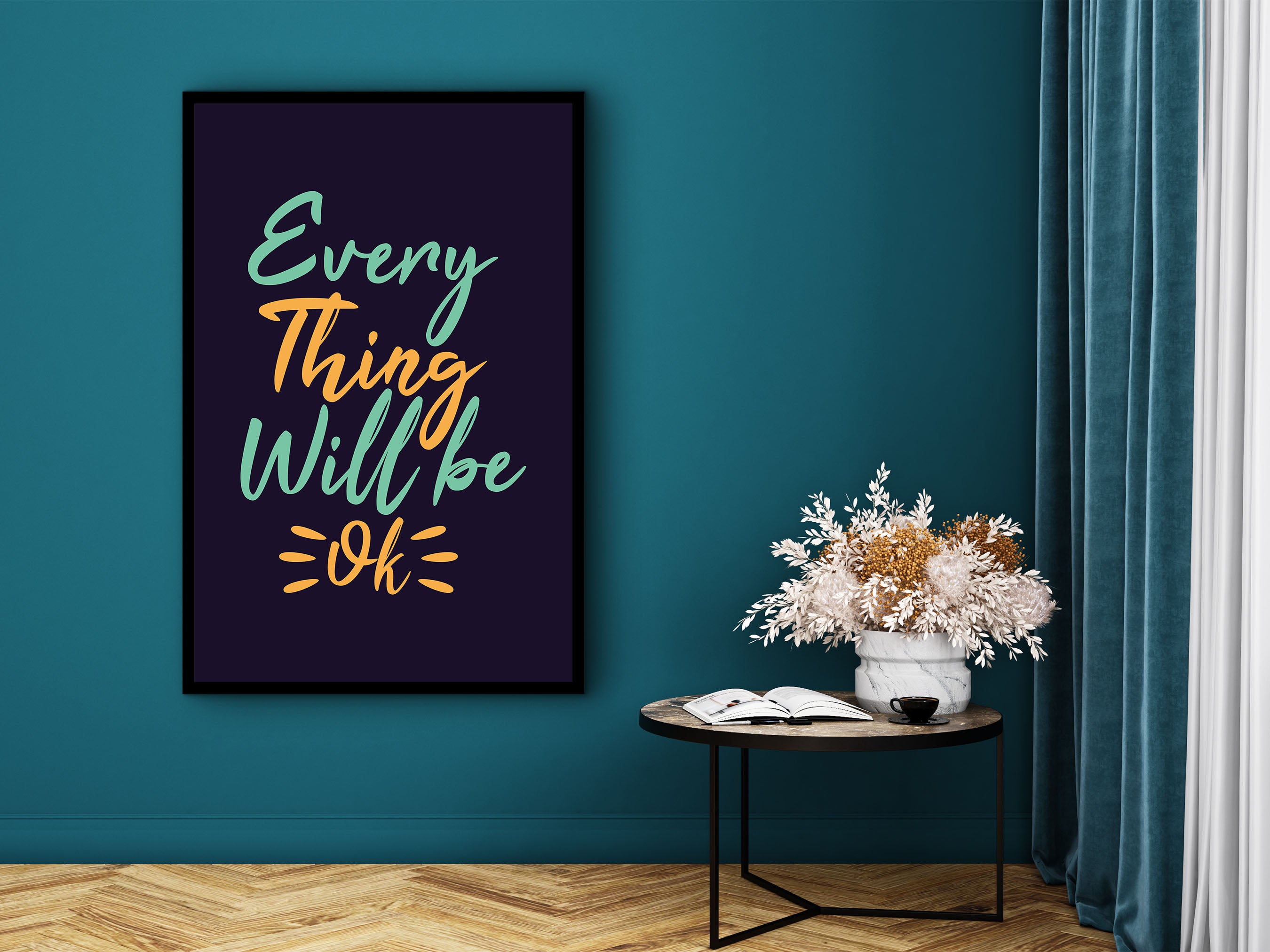 Positive Vibes Wall Art, Every Thing Will Be Ok Canvas, Home & Office Wall Decor, Affirmation Artwork, Perfect Gift, Printed on Black Frame