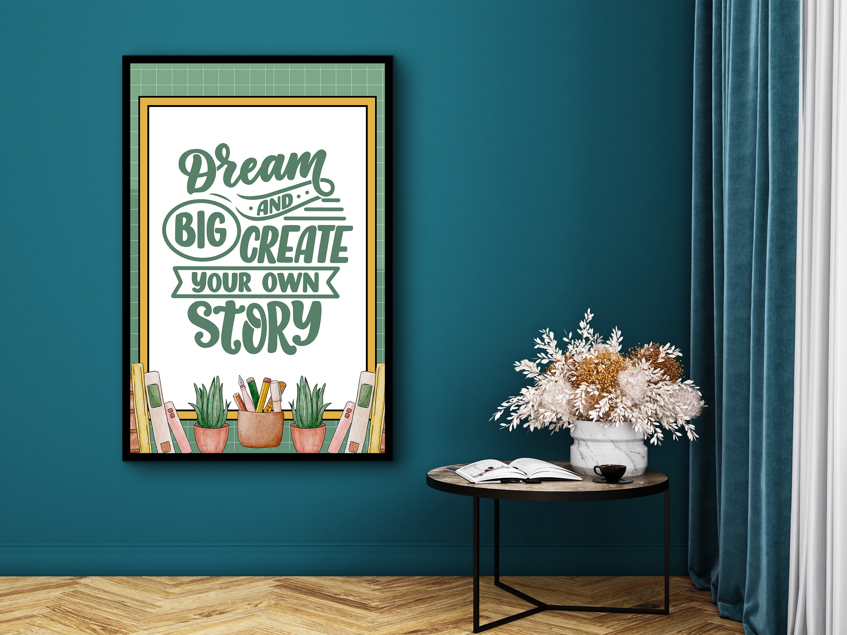 Motivational Wall Art, Dream Big and Create Your Own Story Wall Art Canvas, Empowering Quotes Artwork, Ready to Hang, Printed on Black Frame