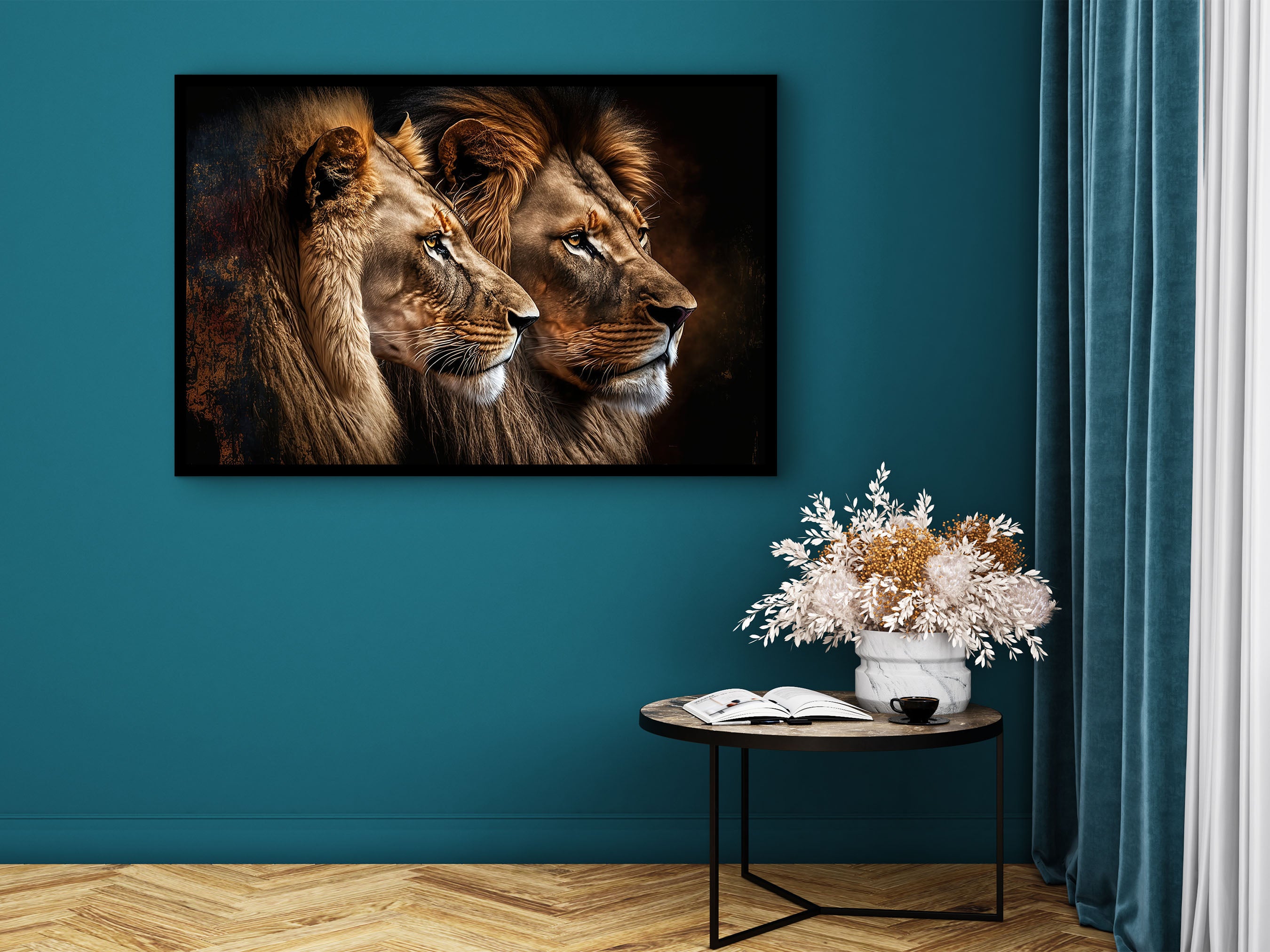 Lion Canvas Wall Art, Animal Modern Design Art, Home Decor, Lion Couple Canvas Print, Framed Lion Art, Perfect Gift, Printed on Black Frame