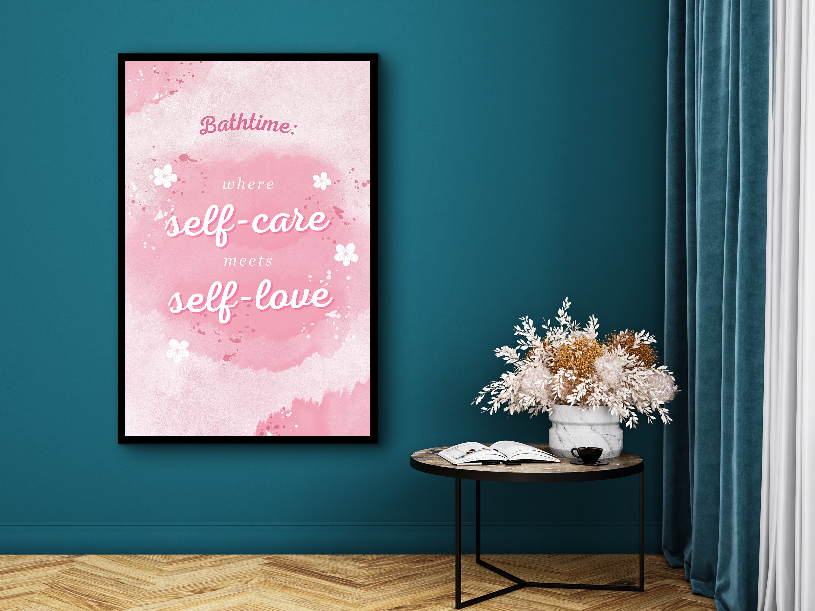 Motivational Wall Art, Bathtime Where Self-Care meets Self-Love Wall Art Canvas, Home & Office Decor, Ready to Hang, Printed on Black Frame