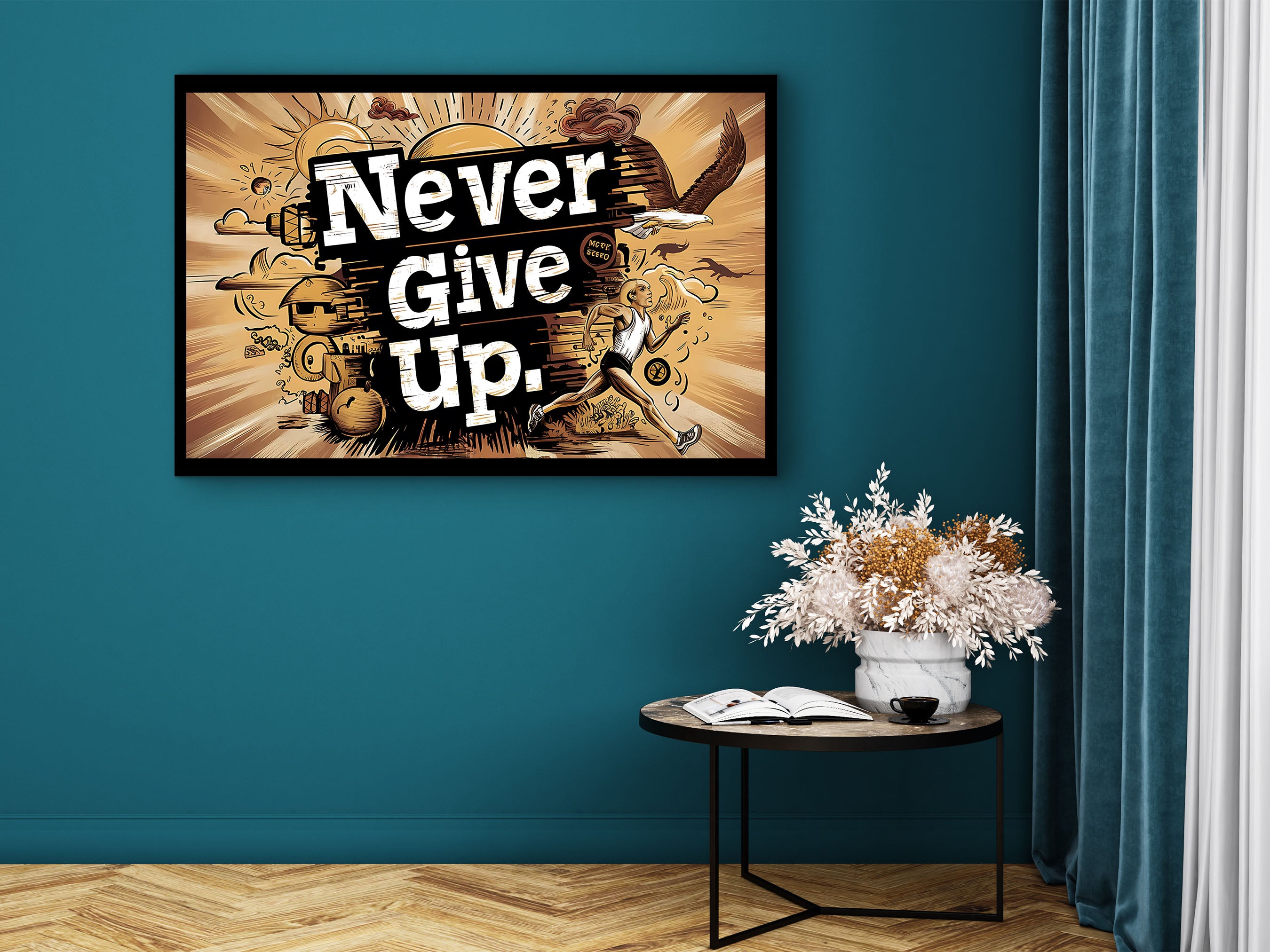 Motivational Wall Art, Never Give Up Canvas Wall Art, Modern Design Home & Office Decor, Ready to Hang, Gift for him, Printed on Black Frame